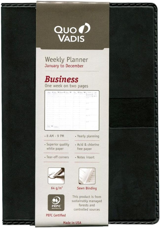 Quo Vadis Business - Weekly Planner - 12 Months, Jan. to Dec. - Pocket 4 x 6" - Bound, Refillable - Smooth Vinyl Charcoal Black