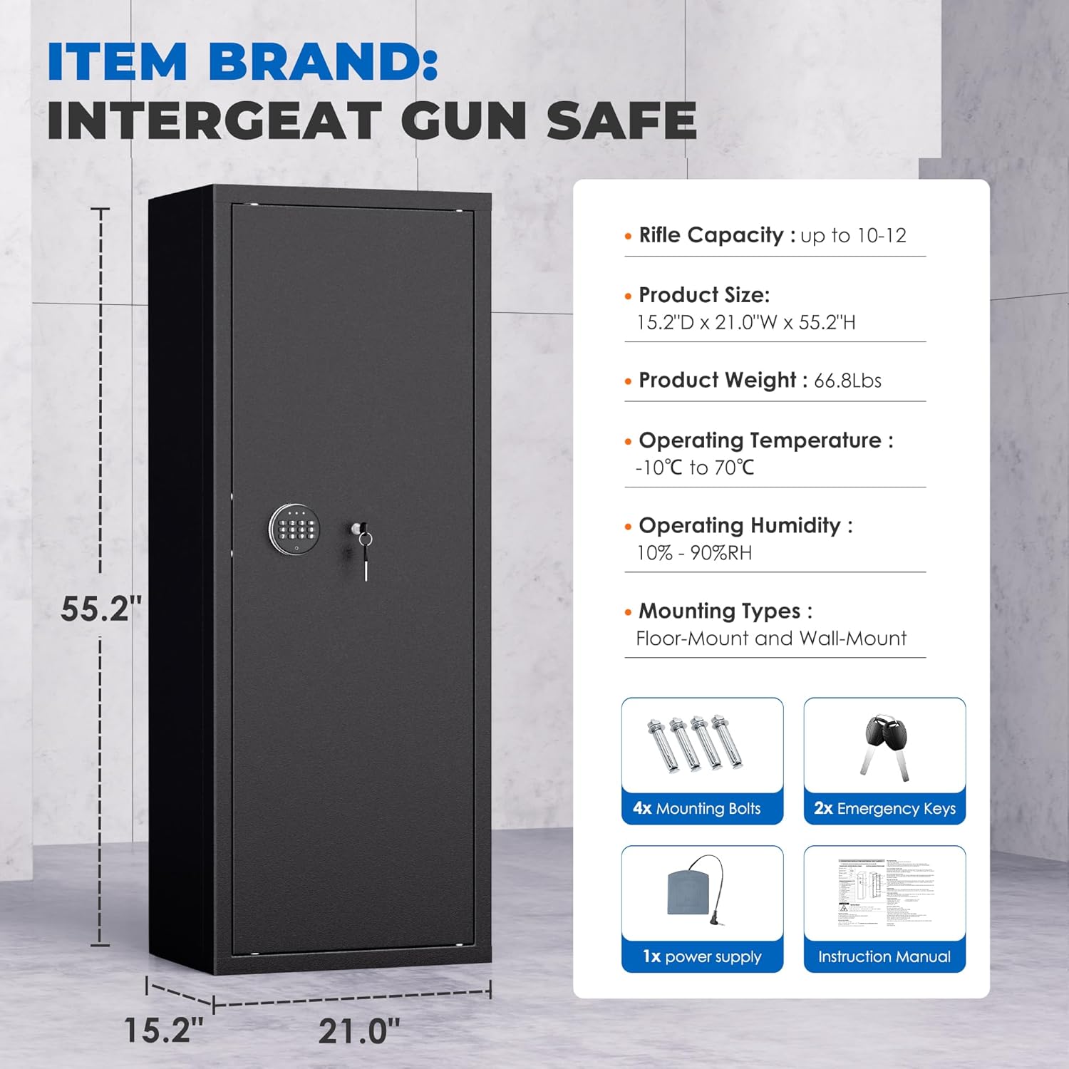 INTERGREAT 10 Rifle Safe, Keypad Gun Safe for Rifles with 3 Removable Gun Racks and 4 Pistol Storage Pockets, 21" W Gun Safes & Cabinets for Home, Black