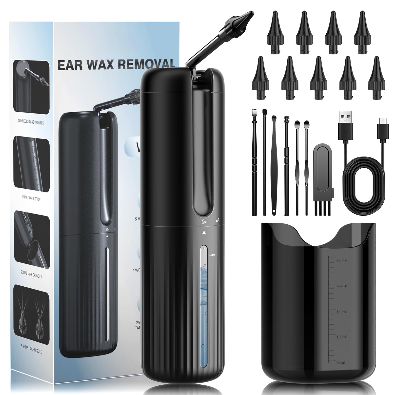 AZHE Ohrenschmalz Entferner, Ohrreiniger Mit 4 Druckmodi, 2000 mAh Elektrischer Ohrenreiniger inkl. 10 Düsen, IPX7 Wasserdicht Ohrenspülung, Ohrendusche für Erwachsene Kinde, Schwarz