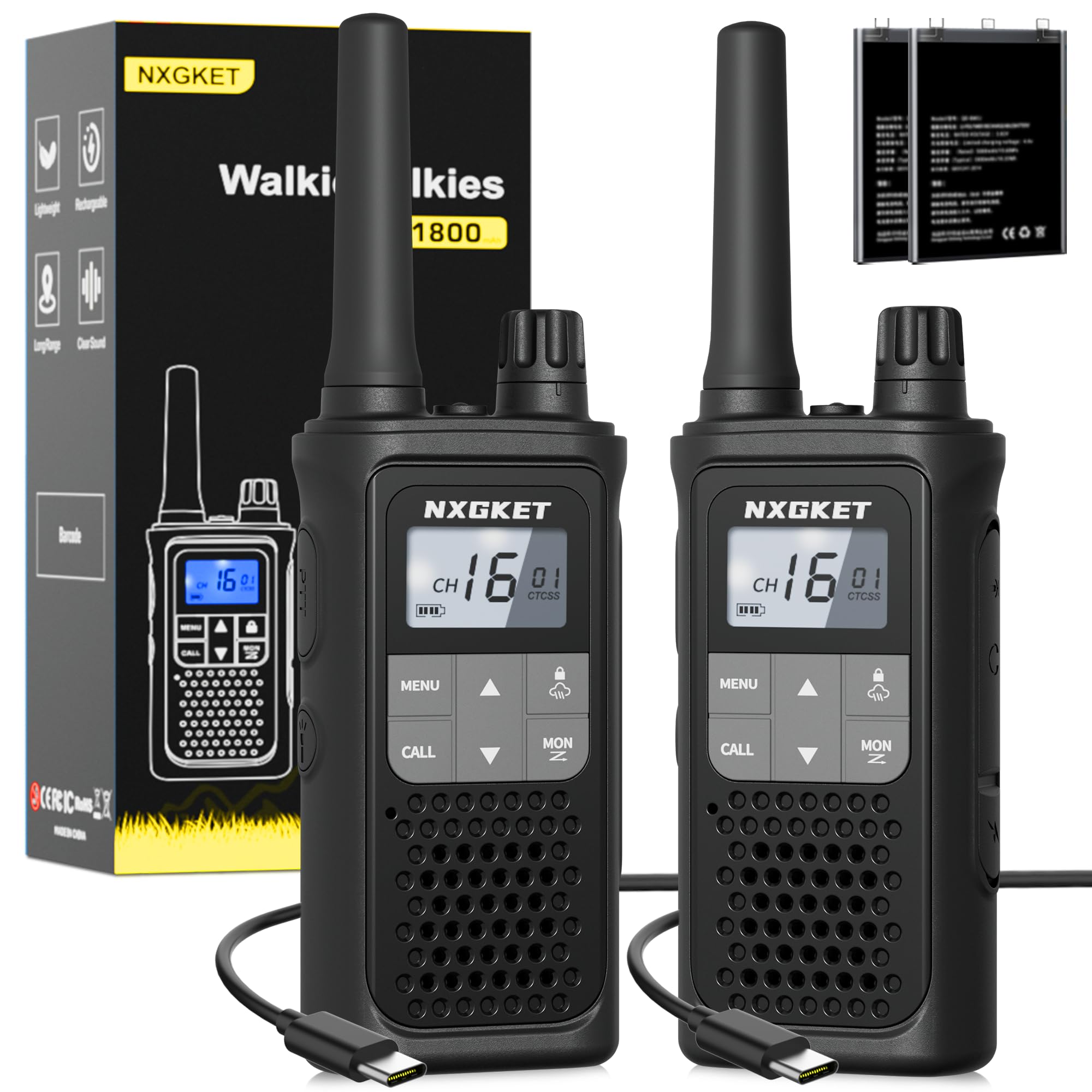 NXGKET Walkie Talkies for Adults Long Range,2Pcs PMR446 Rechargeable walkie talkie w/Built-In Batteries,16 Channels Radios with USB Type-C Cable,VOX Hand-free Auto Squelch for Outdoor Camping Hiking — view 8