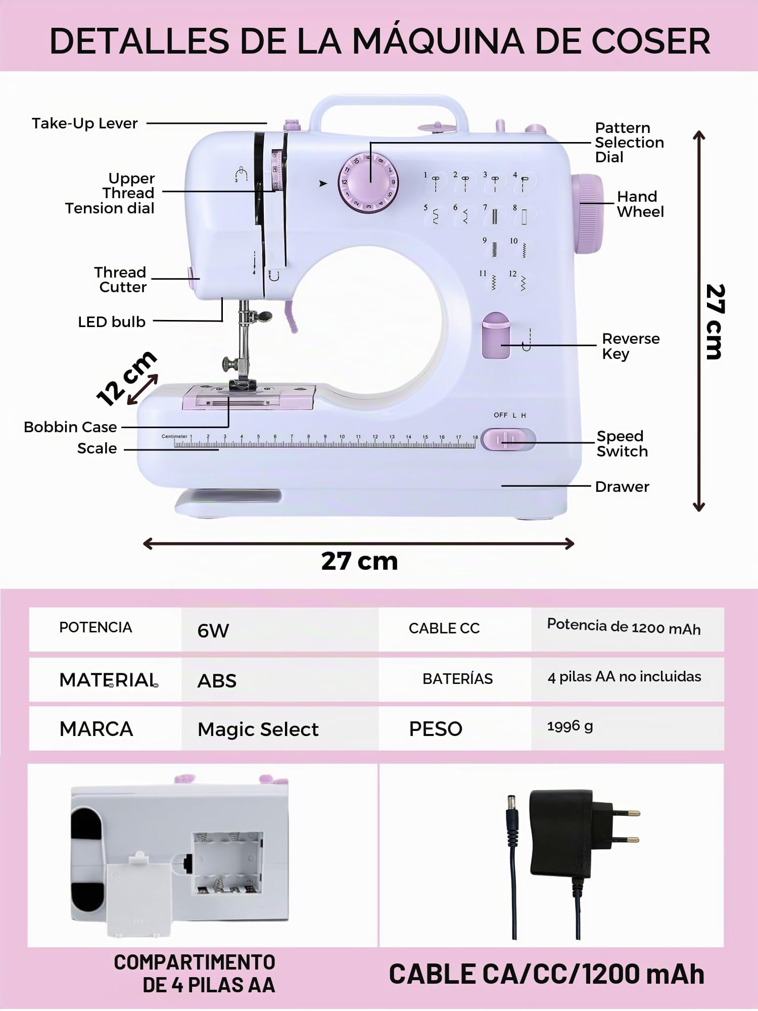 Máquina de Coser Portátil con 2 Velocidades y 12 Puntadas, Pedal, 2 Carretes, Aguja de Recambio, Cortador de Hilo y Luz de Trabajo, Funciona con Cable o (Pilas AA no incluidas) + Kit de Costura.