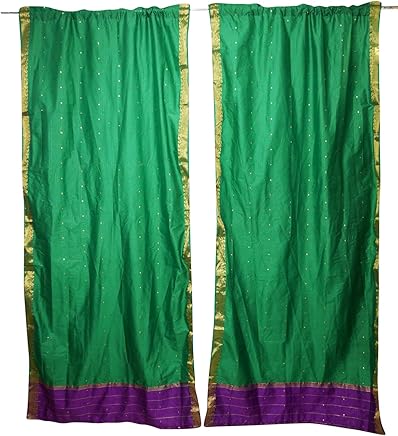 2 Indian Sari Curtains Door Silk Draperies Green Boho Wedding Decor 96x44