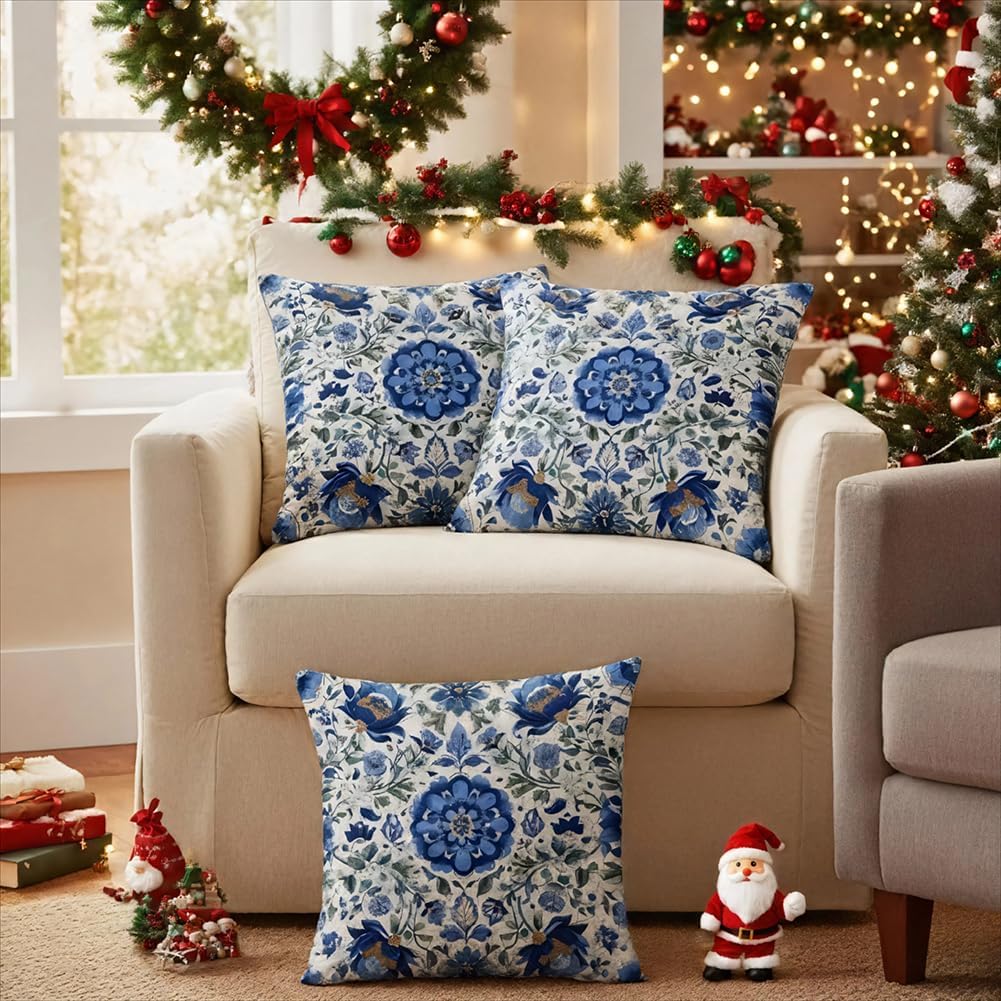 Blue Pillow Covers 18x18 Floral Throw Pillow Covers Contton Linen Pillow Covers for Couch Bed Home Outdoor Decor(Set of 4)