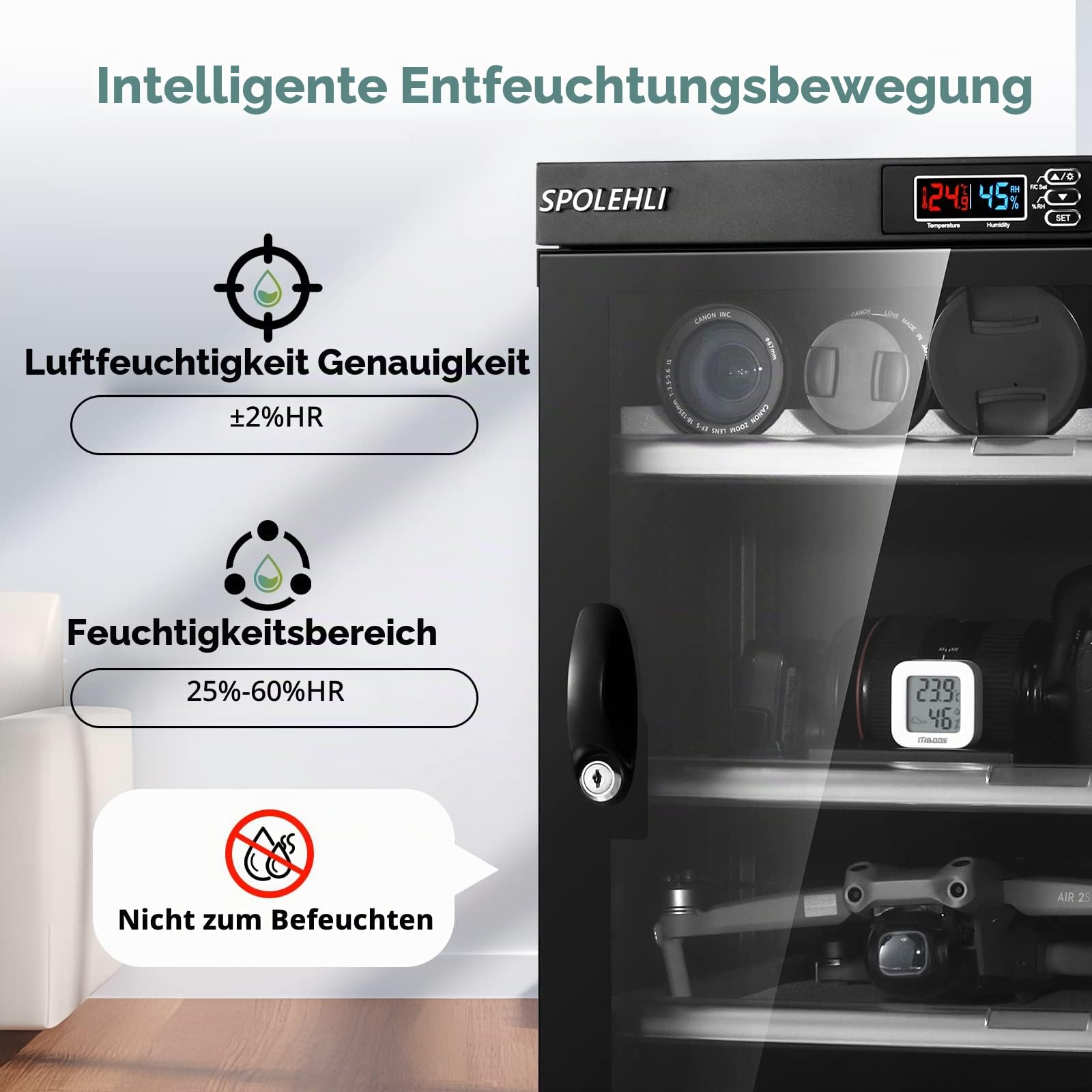 Trockenschrank Kamera Digital Control Luftentfeuchter 55L Elektronische Trockenbox mit LED-Leuchten Geräuschlos & Energiesparend für Kameraobjektiv & Elektronische Geräte Lagerung