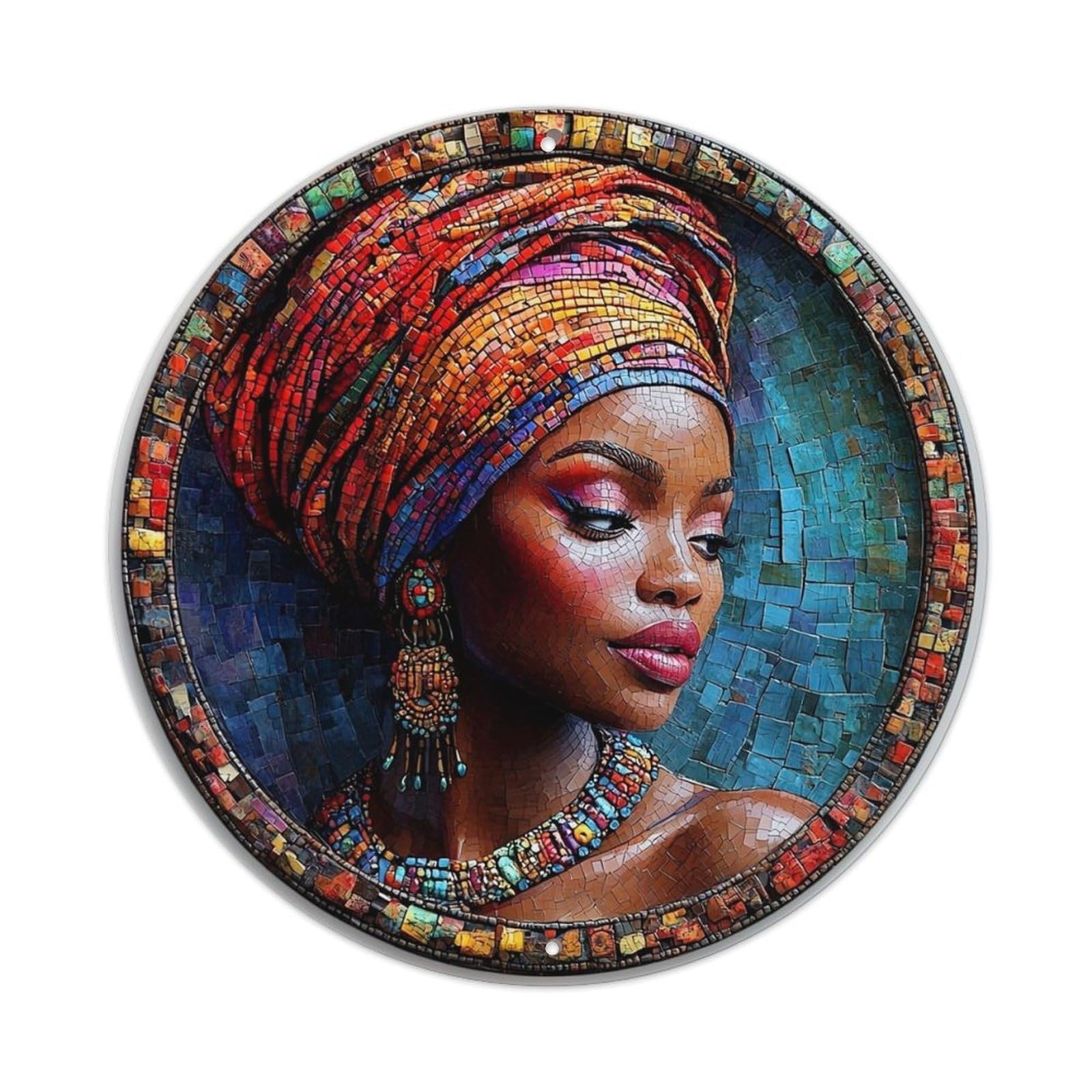 Mosaic African Woman Portrait Art Vintage Metal Tin Sign Retro Wall Decor for Home Bar Garage Cafe, Indoor & Outdoor Decorative，circle Metal Poster, 8x8 Inch