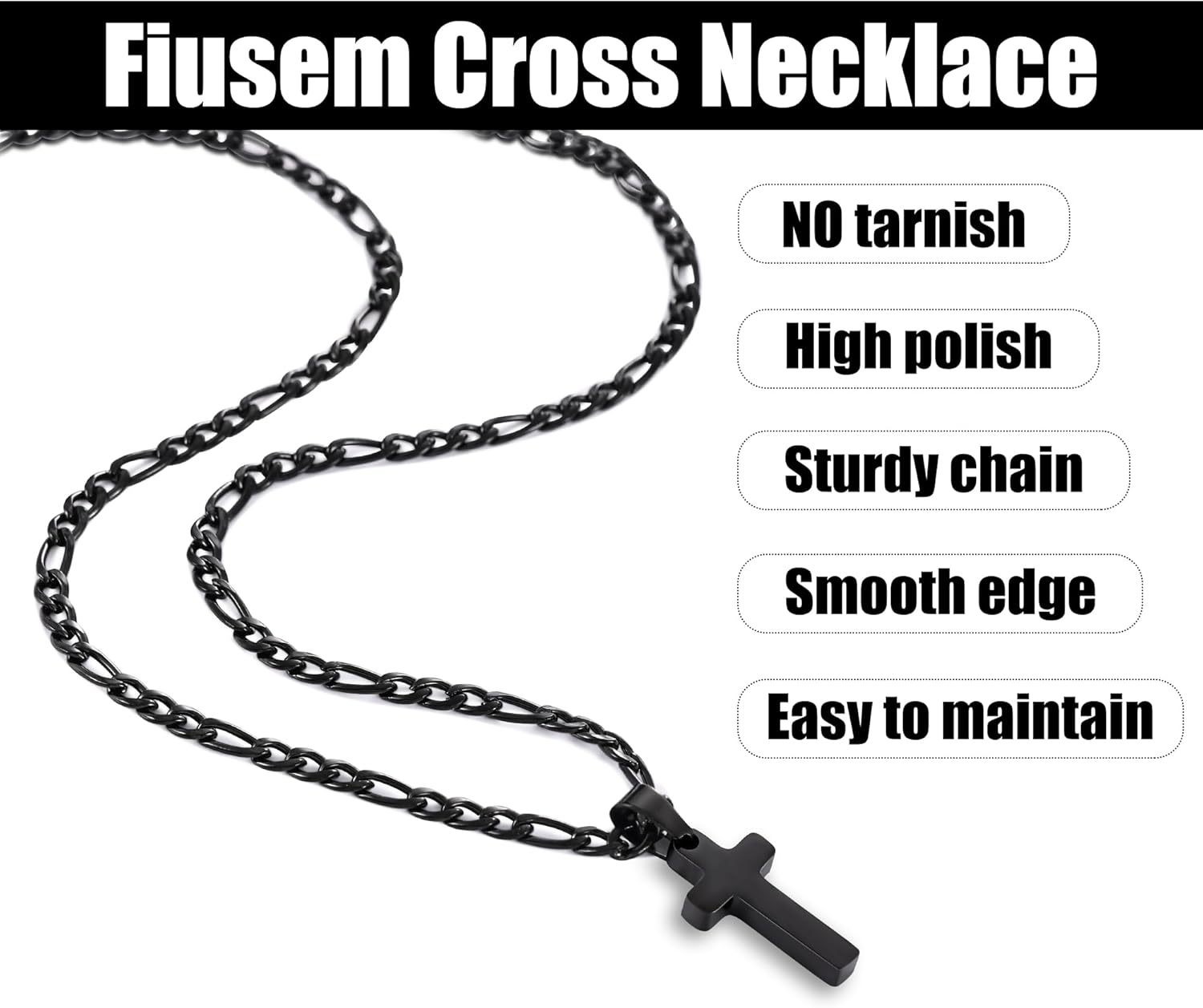 Fiusem Silver Tone Cross Necklace for Men, Stainless Steel Mens Cross Necklaces with 3.5mm Figaro Chain, Pendant Chain 16-24 Inches - Image 4