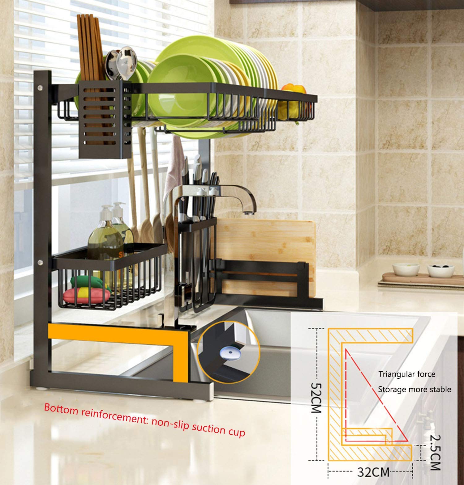 Escurridor de platos de acero inoxidable de 2 niveles con cuenco y soporte para palillos, cesta de drenaje para fregadero de cocina que ahorra espacio para un fácil secado y nización, duradero y