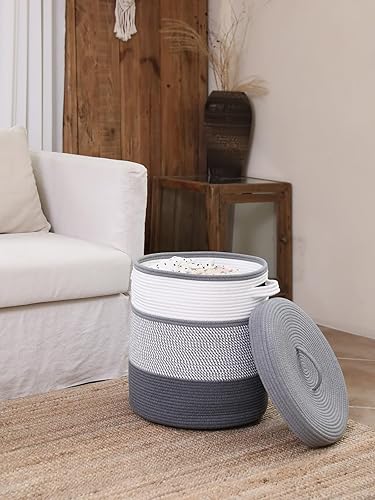 Miniatura 118 de Cesta de almacenamiento extra grande de 16 x 16 x 18 pulgadas con tapa, cestas de almacenamiento de cuerda de algodón, canasta de lavandería, Gris