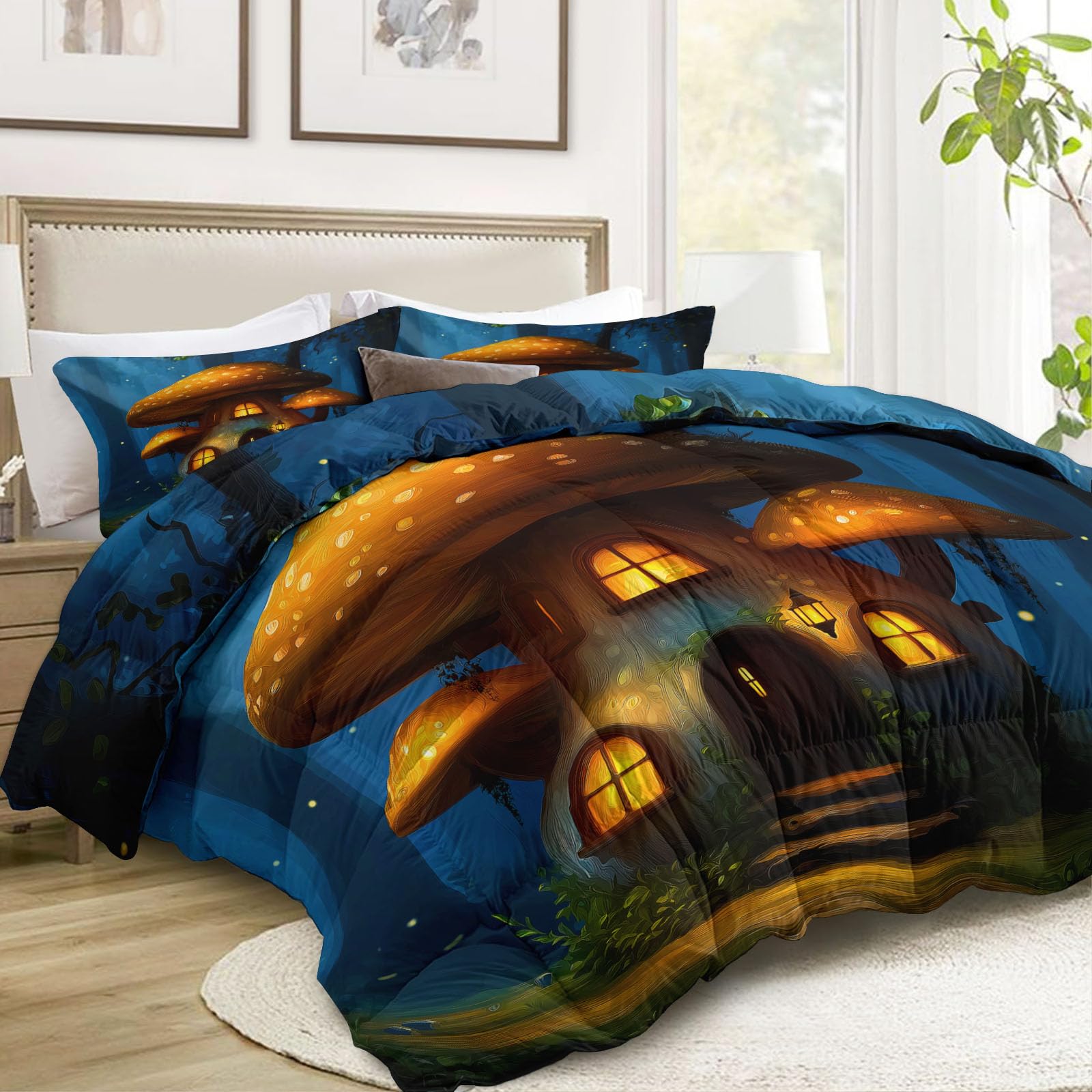Generisch Edredón reversible de dibujos animados de bosque de 180 x 200 cm, para 4 estaciones, arte de fantasía, edredón reversible para todo el año, sin funda, lavable, para las cuatro estaciones