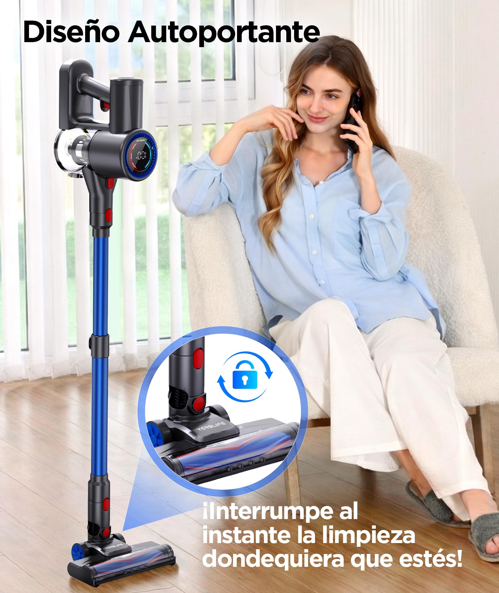 VersLife Aspiradora sin Cable 40KPA/500W,Z8 Escoba Inalámbrica Potente con Pantalla LED,Luz Verde,Diseño Autoportante,45 Min de Autonomía,para Pelo de Mascotas,Suelo y Alfombra