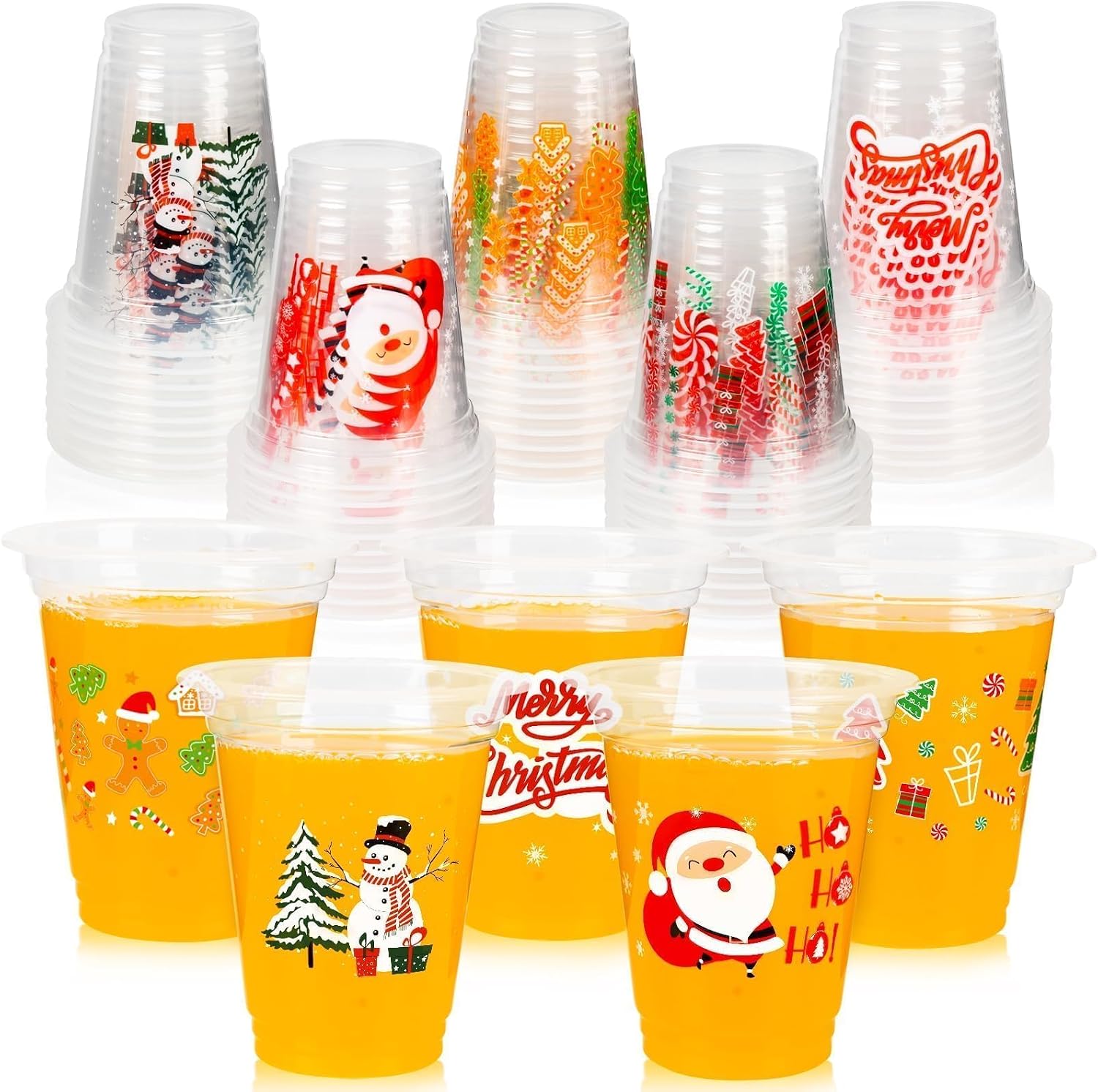 GuassLee Christmas Disposable Cups - 50 Pack 12 OZ Clear Disposable Christmas Plastic Cups Set with 5 Styles Patterns for Kids Adults Xmas Party Favors Coffee Wine Cold Drinks