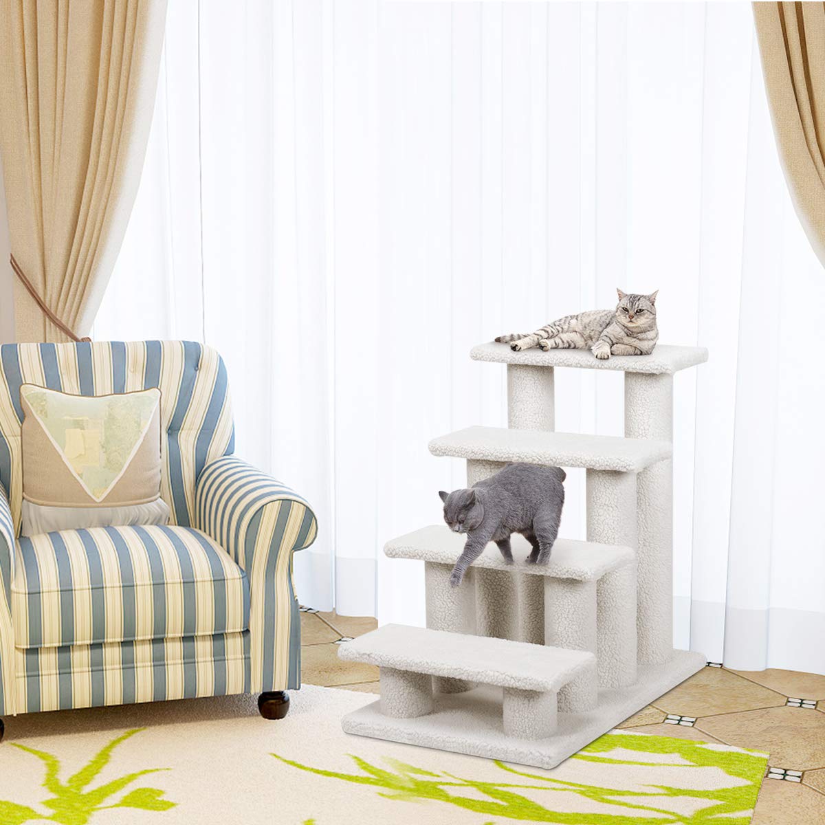 GYMAX Tiertreppe 4 Stufen Katzentreppe Hundetreppe Treppe für Katze Kletterbaum Katzenbaum 60,5 x 41 x 60,5 cm (Weiß)