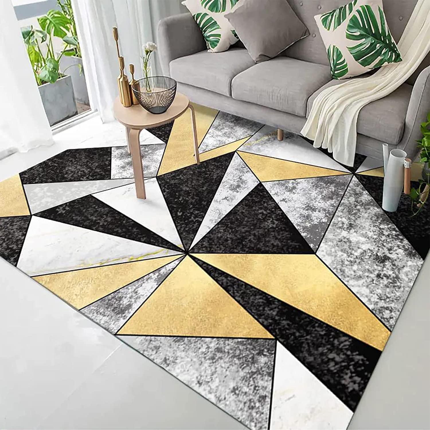 ESOUY Dywan, można prać w pralce, 120 x 160 cm, miękki niski runo, mały dywan do salonu, sypialni, obok łóżka, szaro-żółty geometryczny, czarny, 120 x 160 cm