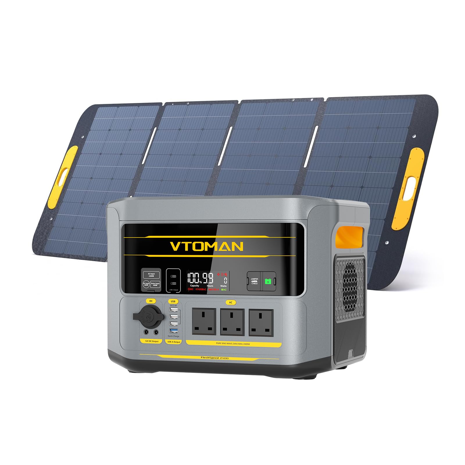 VTOMAN FlashSpeed 2400 Power Station with 400W Solar Panel, 2400W/1408Wh LiFePO4 Battery, Expandable up to 2688Wh, 600W Solar Input, 1 Hr AC Fast Charge, Solar Generator for Camping, Home, Travel