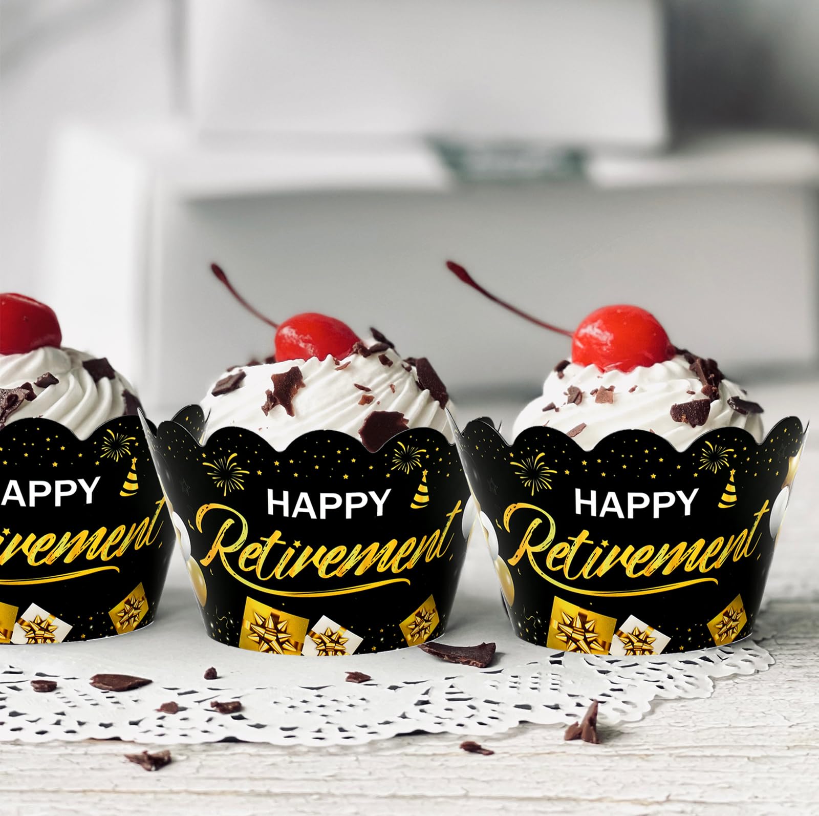 Whaline Cupcake-Förmchen Happy Retirement – 36 Stück, Schwarz/gold, Für Renten-Partys, 22,9 X 5,1 Cm