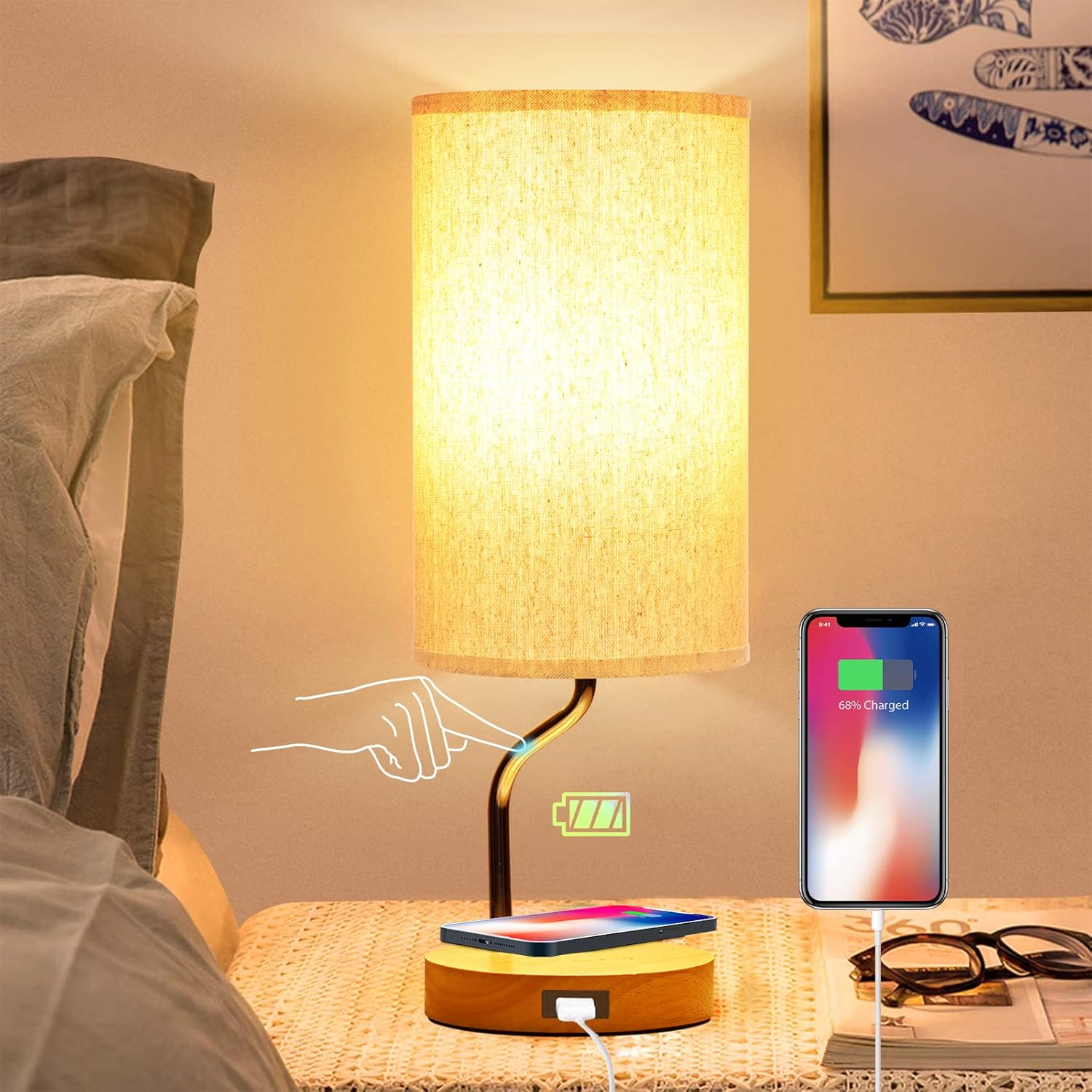 Bedside Table Lamp with Wireless Charger & USB Port - Touch Control LED Desk Lamp for Bedroom, 3-Way Dimmable Wooden Nightstand Lamp with Fabric Shade for Living Room, Kid's Room, Dorm, or Office