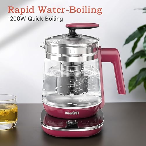 Miniatura 10 de ICOOKPOT - Tetera eléctrica con control de temperatura automático de cristal tetera programable tetera de acero inoxidable de 67 onzas líquidas