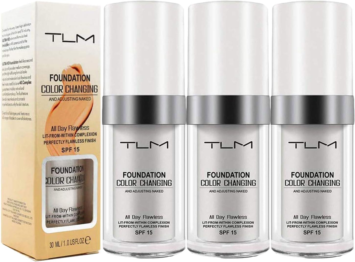 3 PACK TLM Concealer Cover,Flawless Colour Changing Warm Skin Tone Foundation Makeup Base Nude Face Liquid Cover Concealer