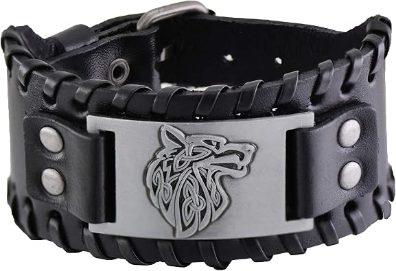 Apopo Nordic Compass Wolf Quake Wide Leather Weave Black Bracelet Retro Stainless Steel Cuff for Men