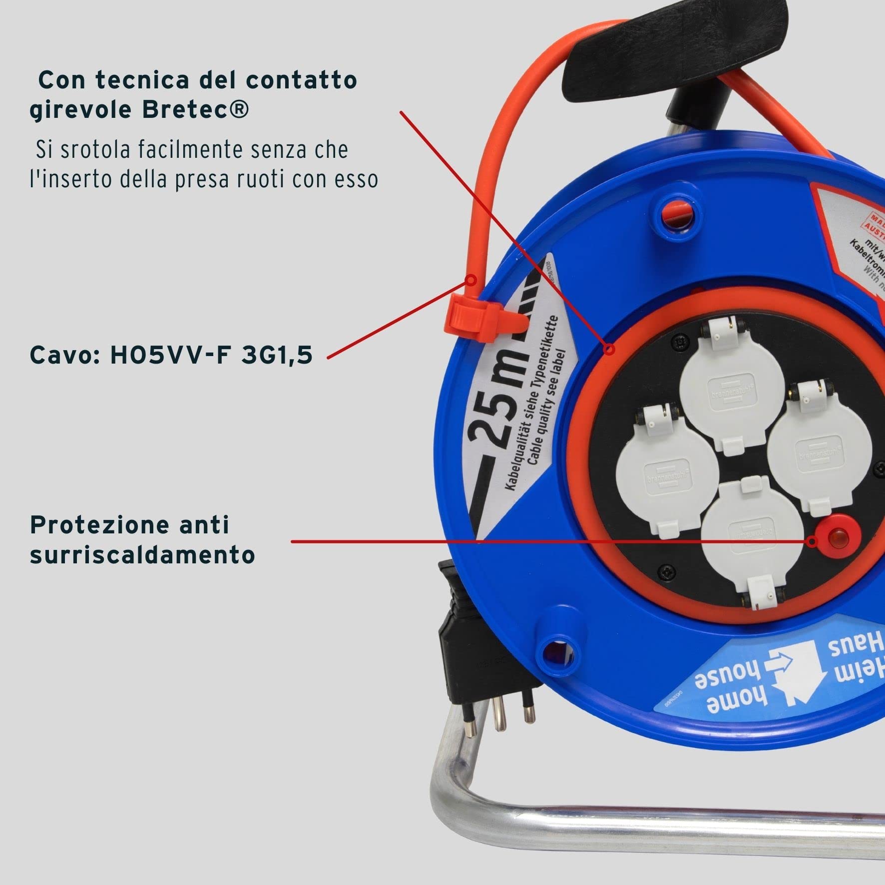 Prolunga Elettrica 25 Metri con Avvolgicavo Brennenstuhl | 4 Prese Elettriche Universali (Schuko + IT 10/16A) | Spina Piatta IT 16A, Cavo 25mt | Cavo H05VV-F 3G1,5 Ideale per Uso Esterno/Giardino