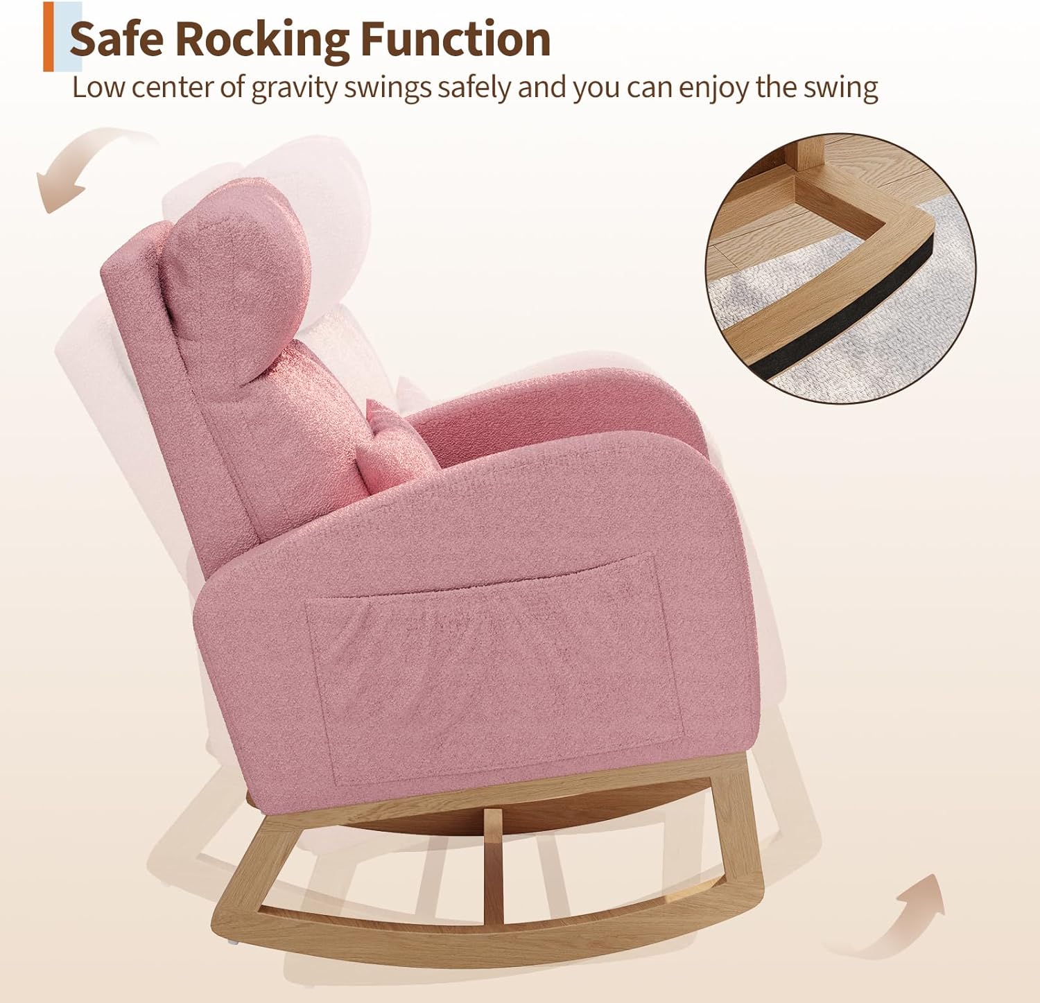 GarveeHome Teddy Fleece Rocking Chair, Modern Nursery Glider Chair with Side Pockets and Pillow, Rocker Chair for Living Room Bedroom Nursing Room, Pink