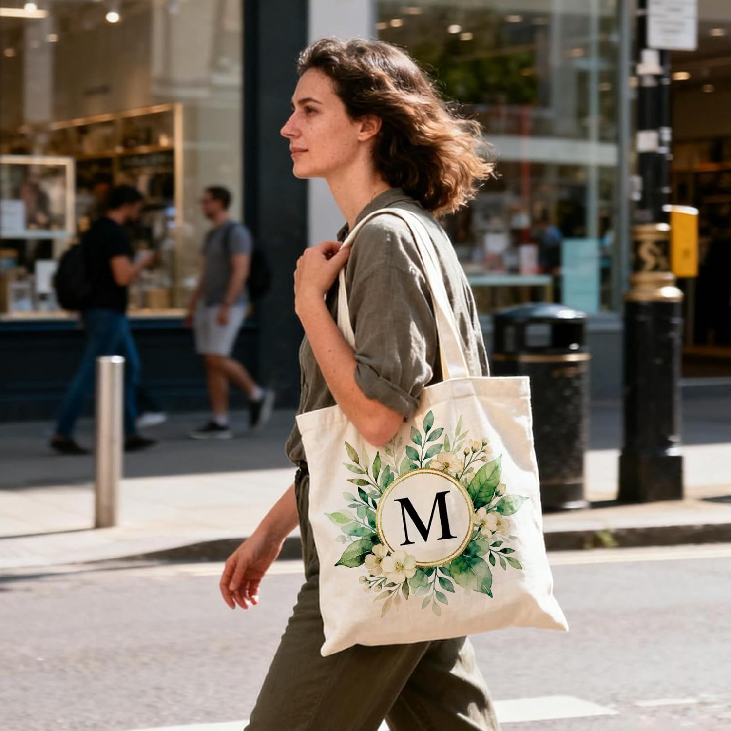 Letter Initial Canvas Tote Bag for Women, Personalized Floral Tote Bags for Woman Wedding, Reusable Birthday Bags for Gift, Cute Shoulder Bags for Shopping, Work&Daily Use, 14 * 15 in, 1PCS - Image 6