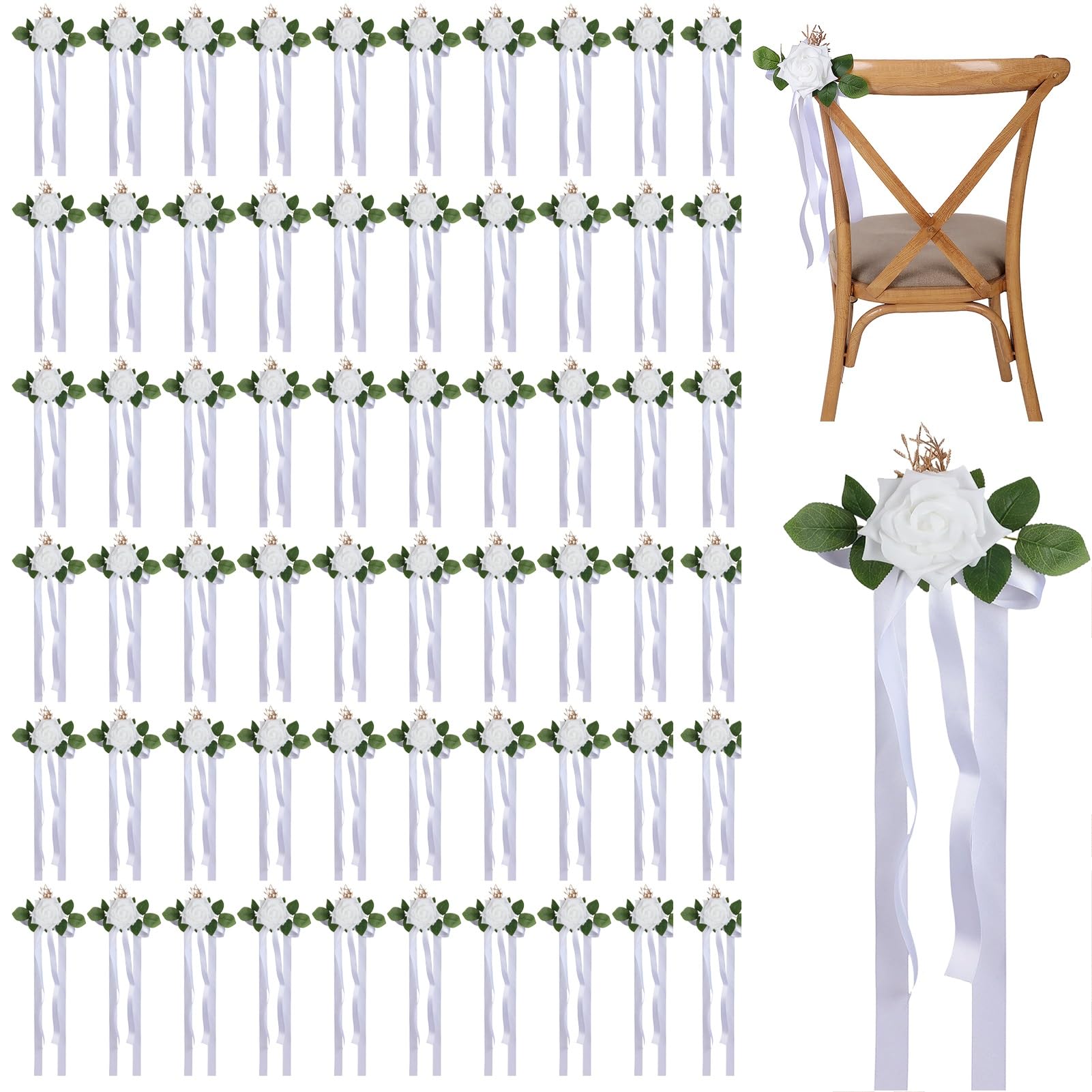 Décoration de chaise mariage blanche et fleurs artificielles pour voiture | Lot de 50