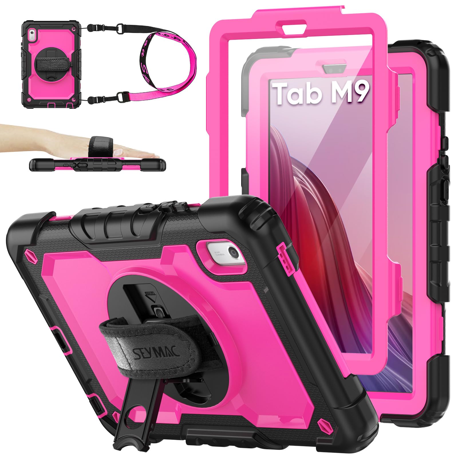 SEYMAC stock Case for Lenovo Tab M9 (TB-310FU) 2023 with Screen Protector, Drop-Proof Protection Cover with 360° Rotating Stand &Strap [Pen Holder]