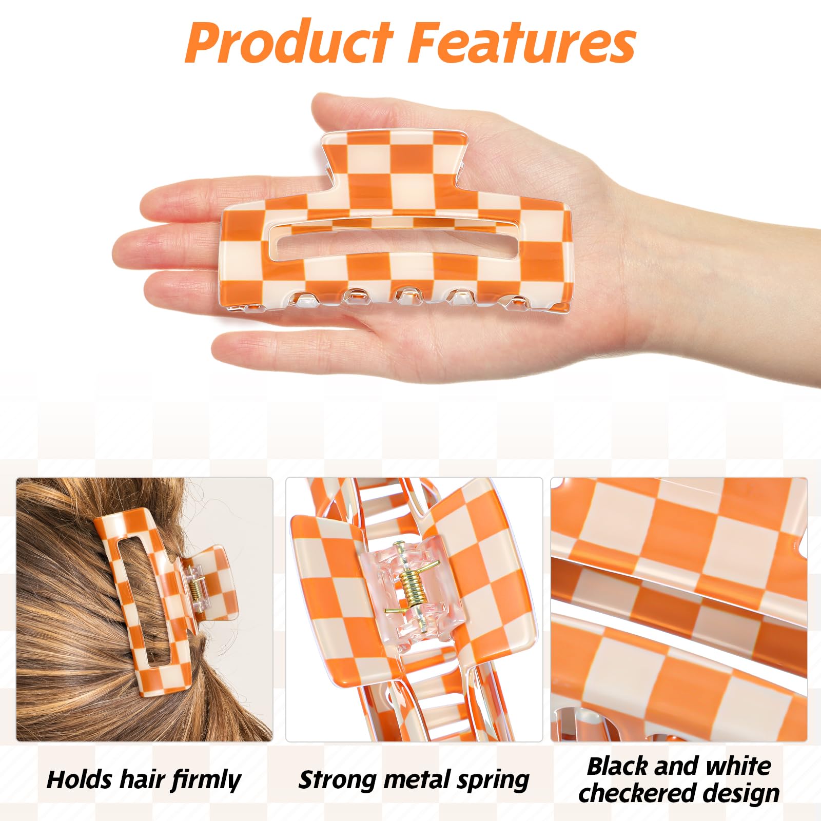 4 pinzas de pelo a cuadros, pinzas antideslizantes para cabello grueso, fino, rizado, liso, largo, estilo simple, naranja y blanco, accesorios para el cabello para mujer