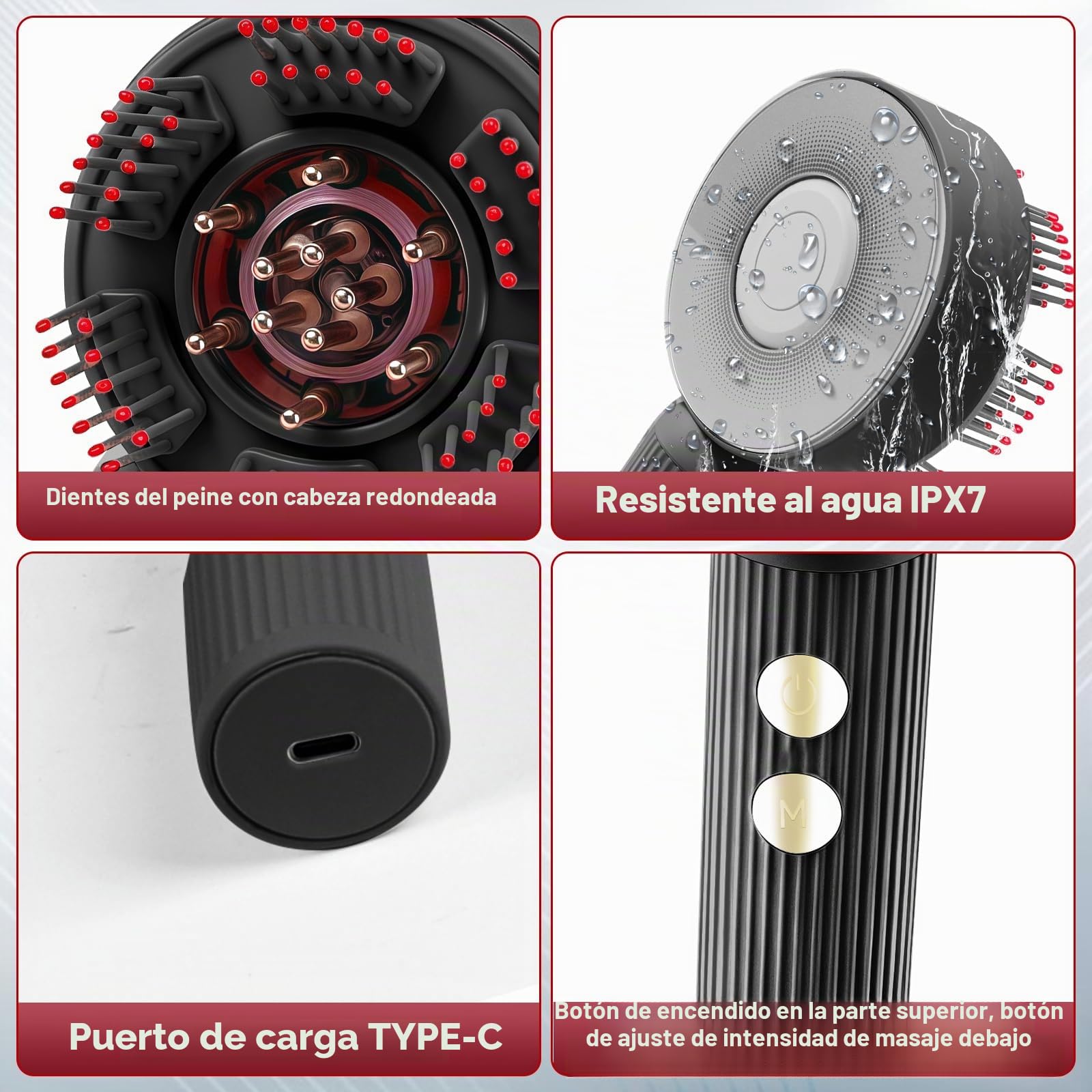 Cepillo de masaje de cuero cabelludo mejorado con luz roja y azul con IPX7, masajeador eléctrico para el cuero cabelludo y el cabello, inalámbrico y portátil (negro)