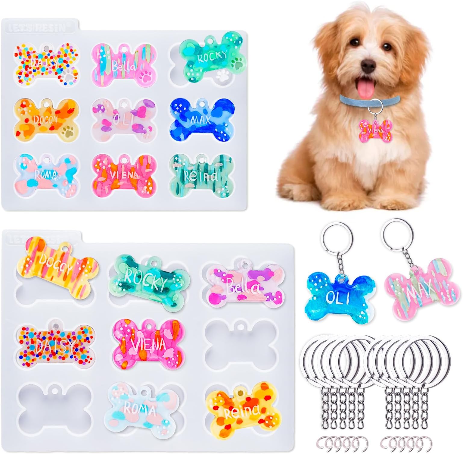 Let's Resin Pet Tags Epoxy Resin Molds, Resin Keychain Molds with 10 Key Rings and 10 Jump Rings