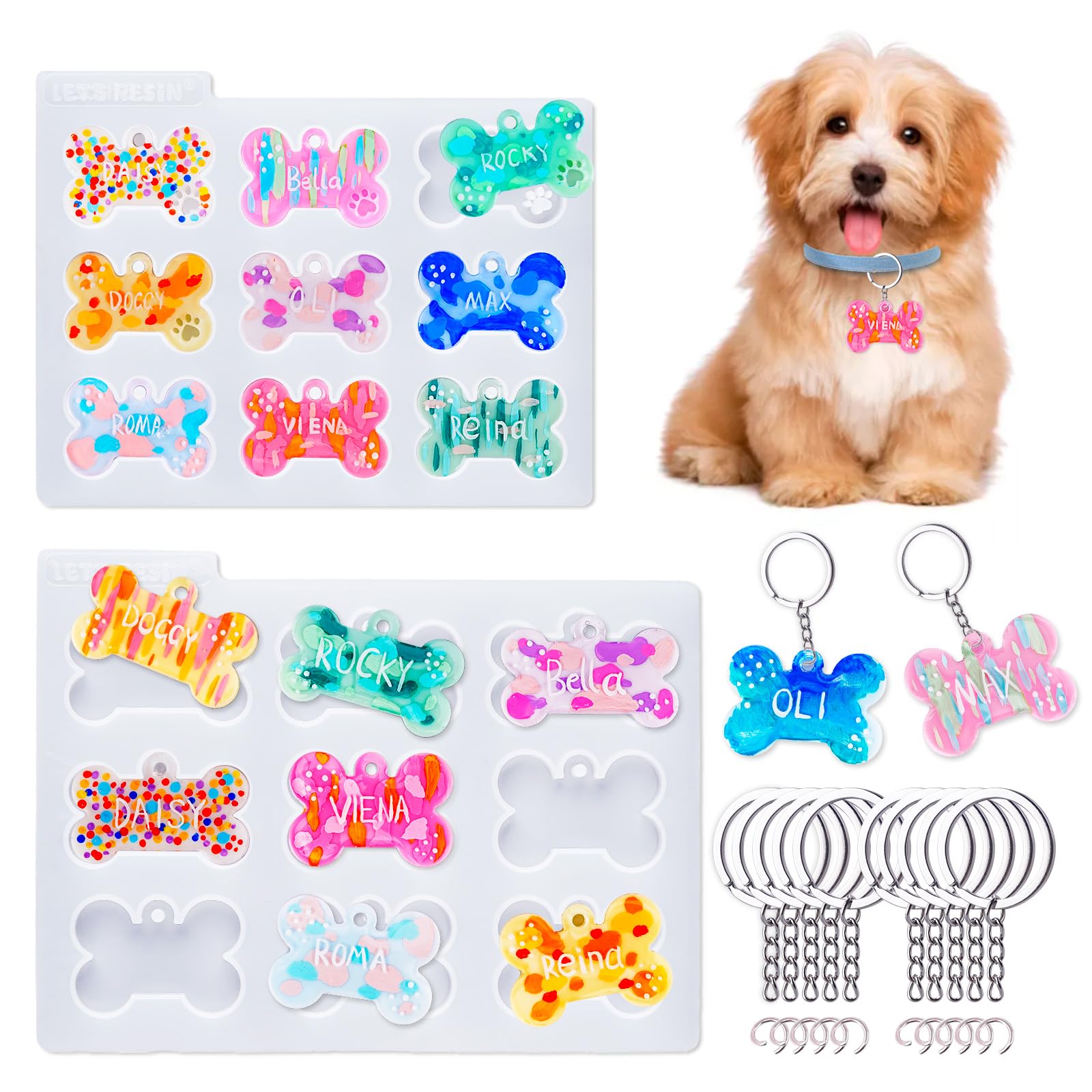 LET'S RESIN Pet Tag Resin Molds Silicone, Cat Dog Tag Molds for Epoxy Resin & UV Resina 2'' & 1.7'', Bone Shape Resina Keychain Molds with 10Pcs Key