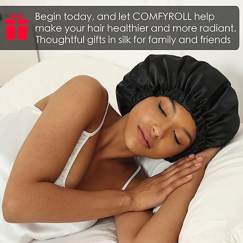 Miniatura 6 de COMFYROLL 2 gorros de satén de seda para dormir y proteger el cabello, gorra de satén ajustable de doble capa para mujeres, cabello natural rizado