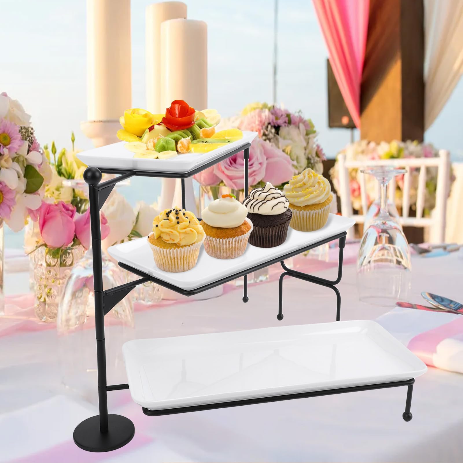 TOPINCN Soporte de Bandeja Grande con Niveles, Bandeja para Servir de 3 Niveles, Juego de Horneado de Porcelana con Soporte para Servir, Servidor de Buffet, Exhibición de Alimentos para (Black)