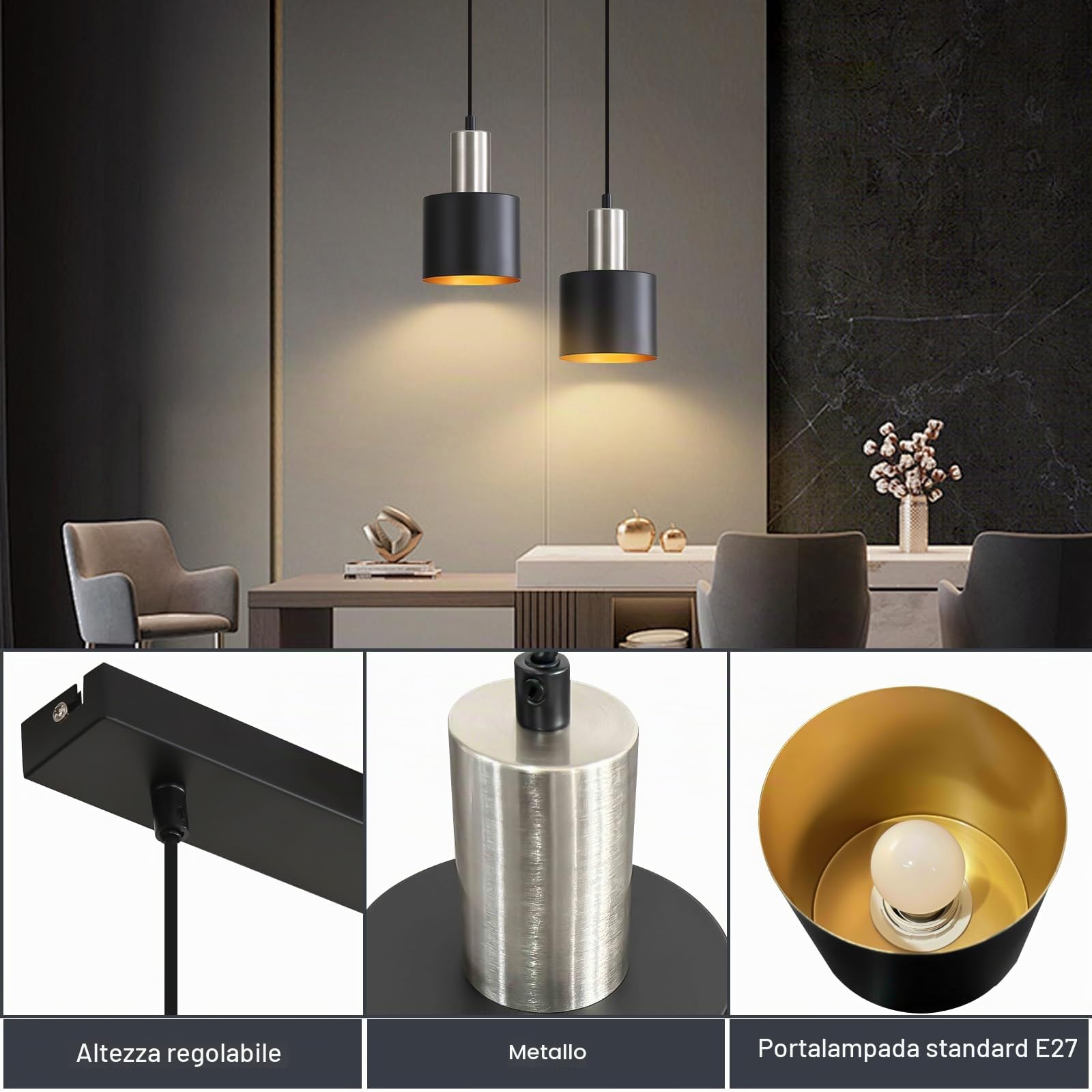 Lampadario a Sospensione Cucina Lampadari Nero Lampada 2 Luci