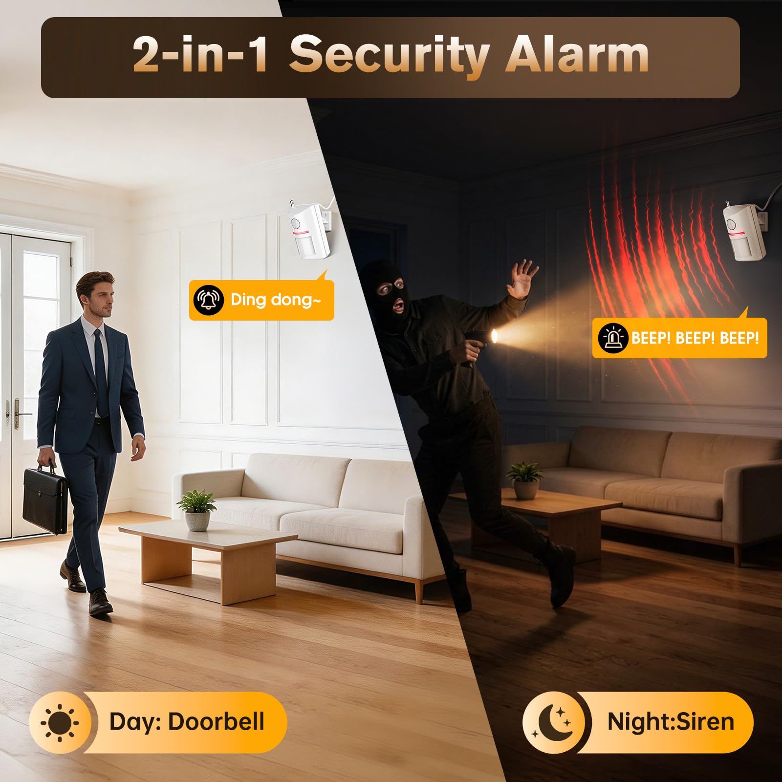 Alarma inalámbrica con sensor de movimiento y timbre de puerta, alerta de seguridad con enchufe de CA con control remoto, detector infrarrojo de 90 dB para negocios, oficina y garaje (1 alarma