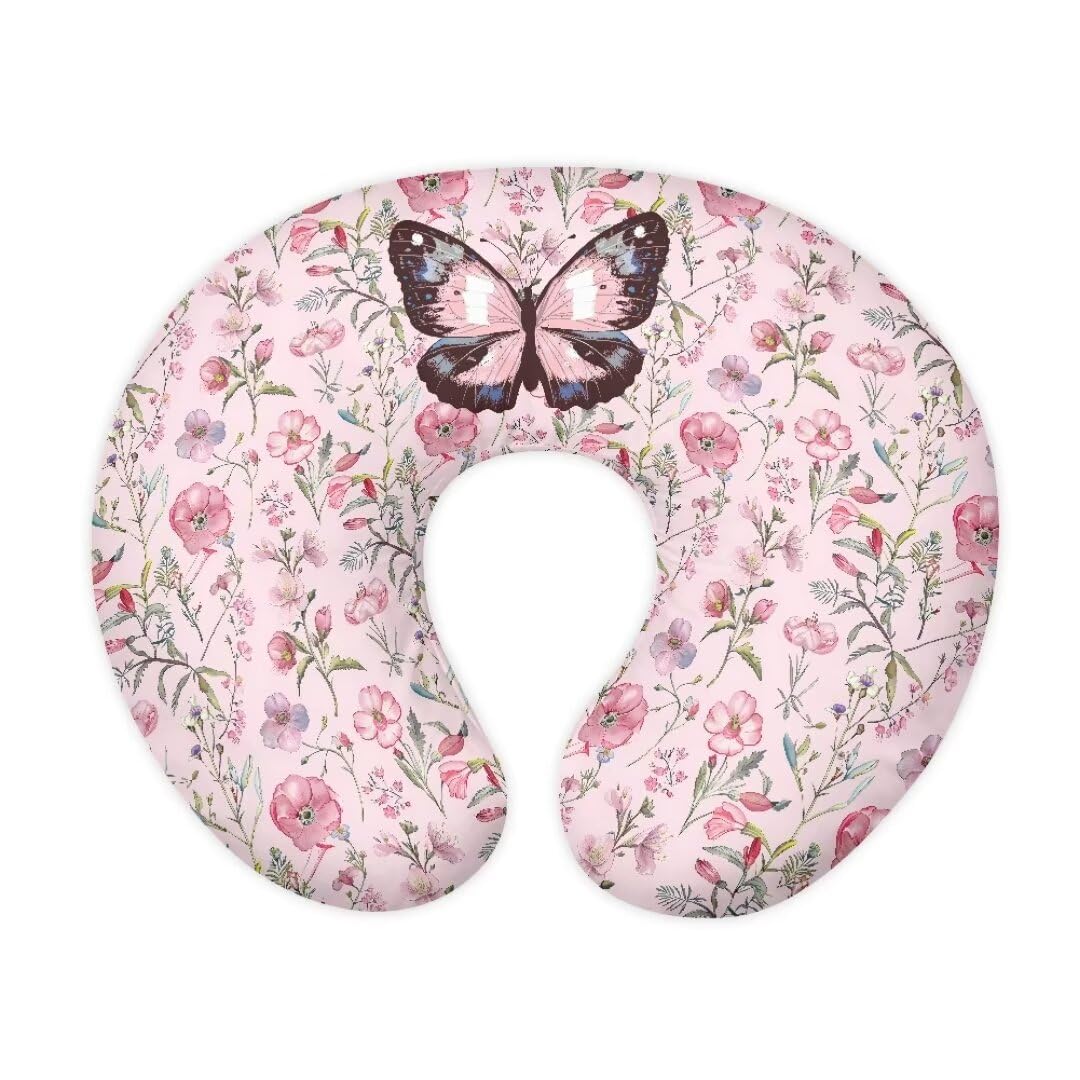 Zanxiantu Pink Floral Butterfly Soft Nursing Pillow Covers Girls Breastfeeding Nursing Pillow Slipcover Soft and Stretchy Pillow Covers Fits Infant Nursing Pillow Case