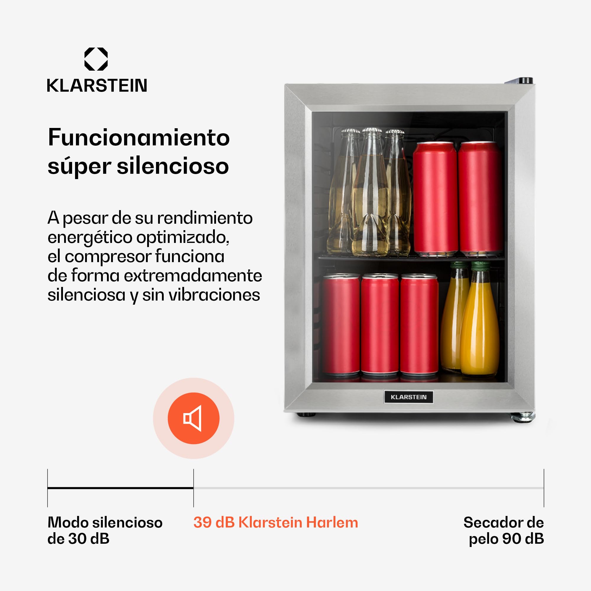 KLARSTEIN Minibar frigorífico para bebidas, Harlem, sistema de refrigeración por compresión, 23 L, 5 niveles de refrigeración: 0-10 °C, bajo nivel sonoro: 39 dB, 1 base de rejilla metálica, negro