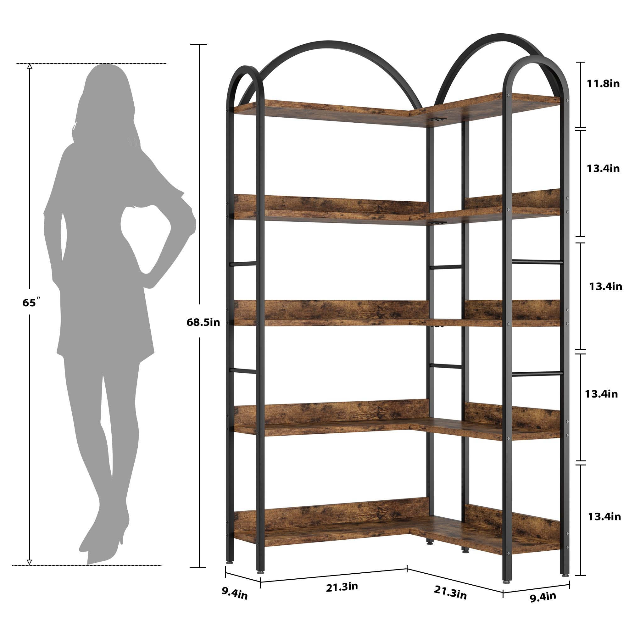 5-Stöckiges Eck-Bücherregal mit Gebogenem Metallrahmen, L-Förmiges Dekoratives Großes Bücherregal Aus Holz und Metall, Bodenstehendes Eckregal für Schlafzimmer, Wohzimmer, Home Office, 174x78x78cm