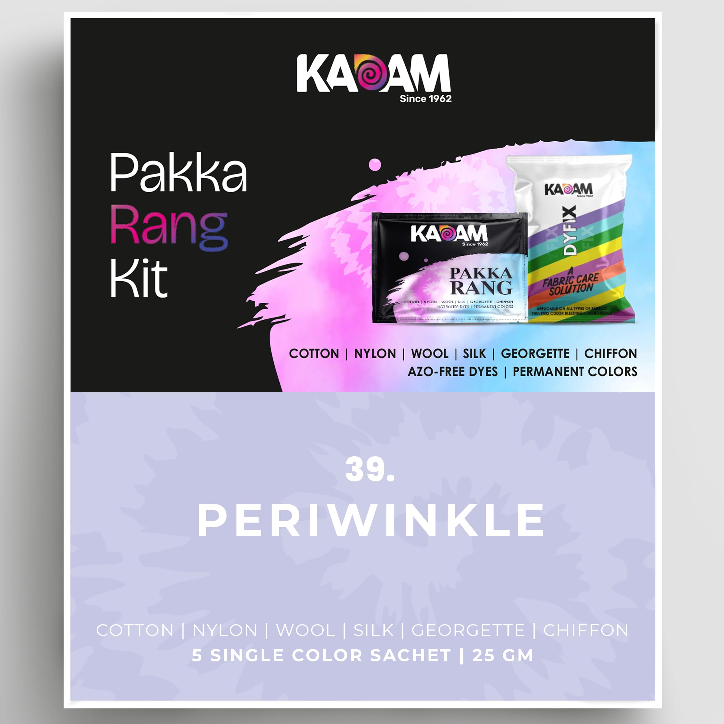 Kadam Pakka Rang Fabric Dye Colour | Periwinkle | 25g Pack | Includes DyFix Color Fixer | Permanent Fabric Dyes for Old Faded Jeans and Clothes