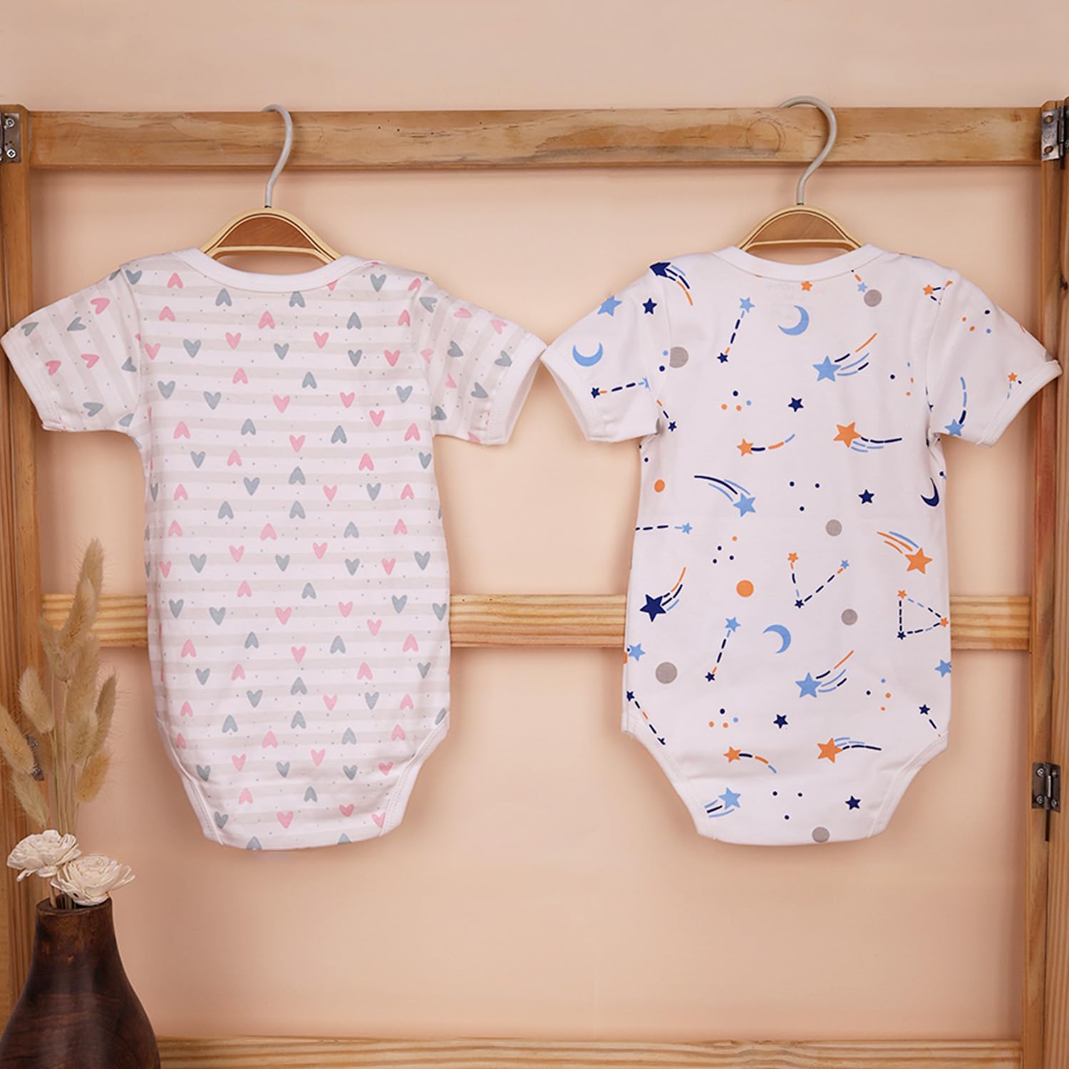 MOM'S HOME Organic Cotton Baby Half Sleeve Onesie | Pack of 2 (Galaxy & Little Hearts, 0-3 Months) 3