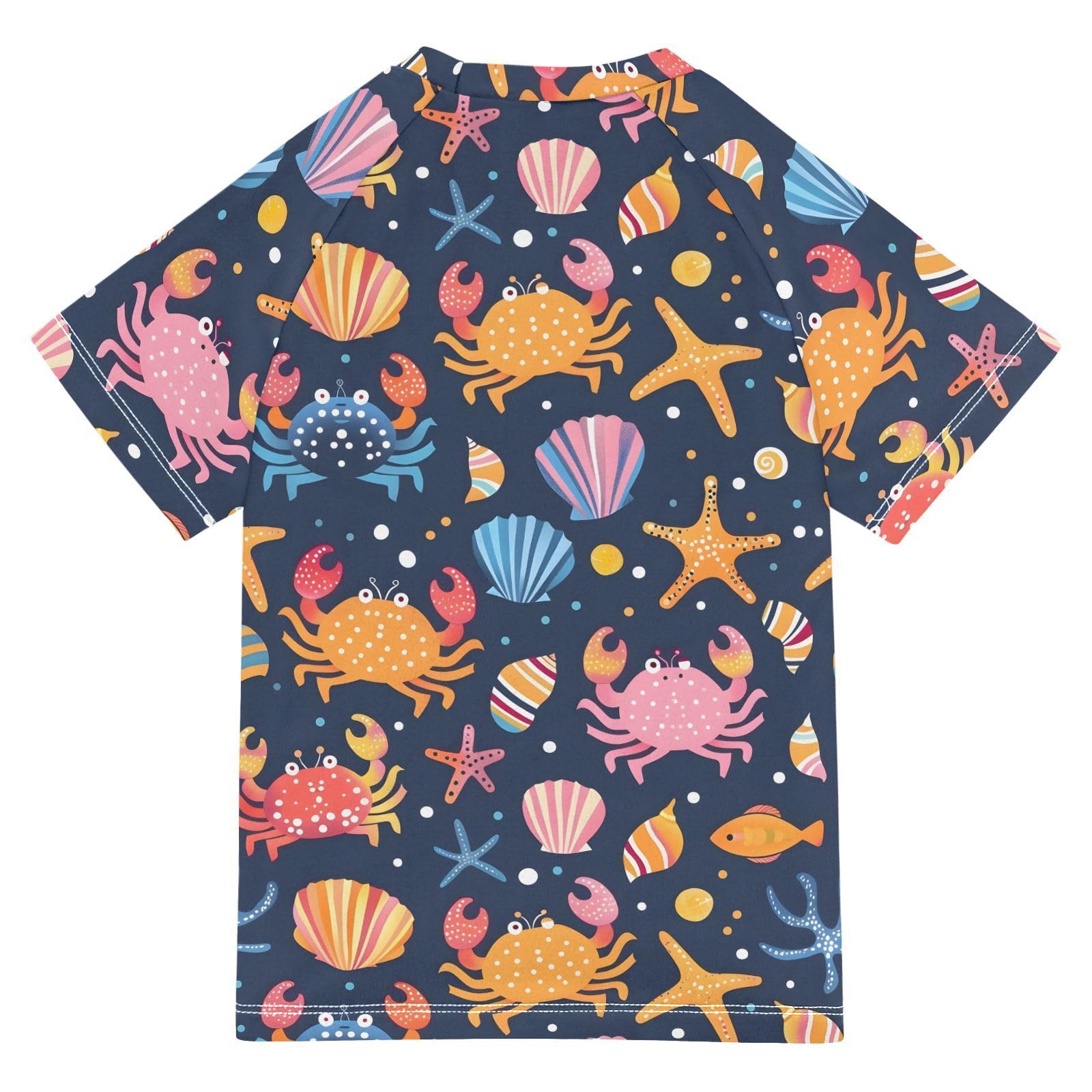 ALAZA Kids Rash Guard Toddler Swim Shirt Boy Girls Crabs Shells Starfish UPF 50+ Short Sleeve 4T