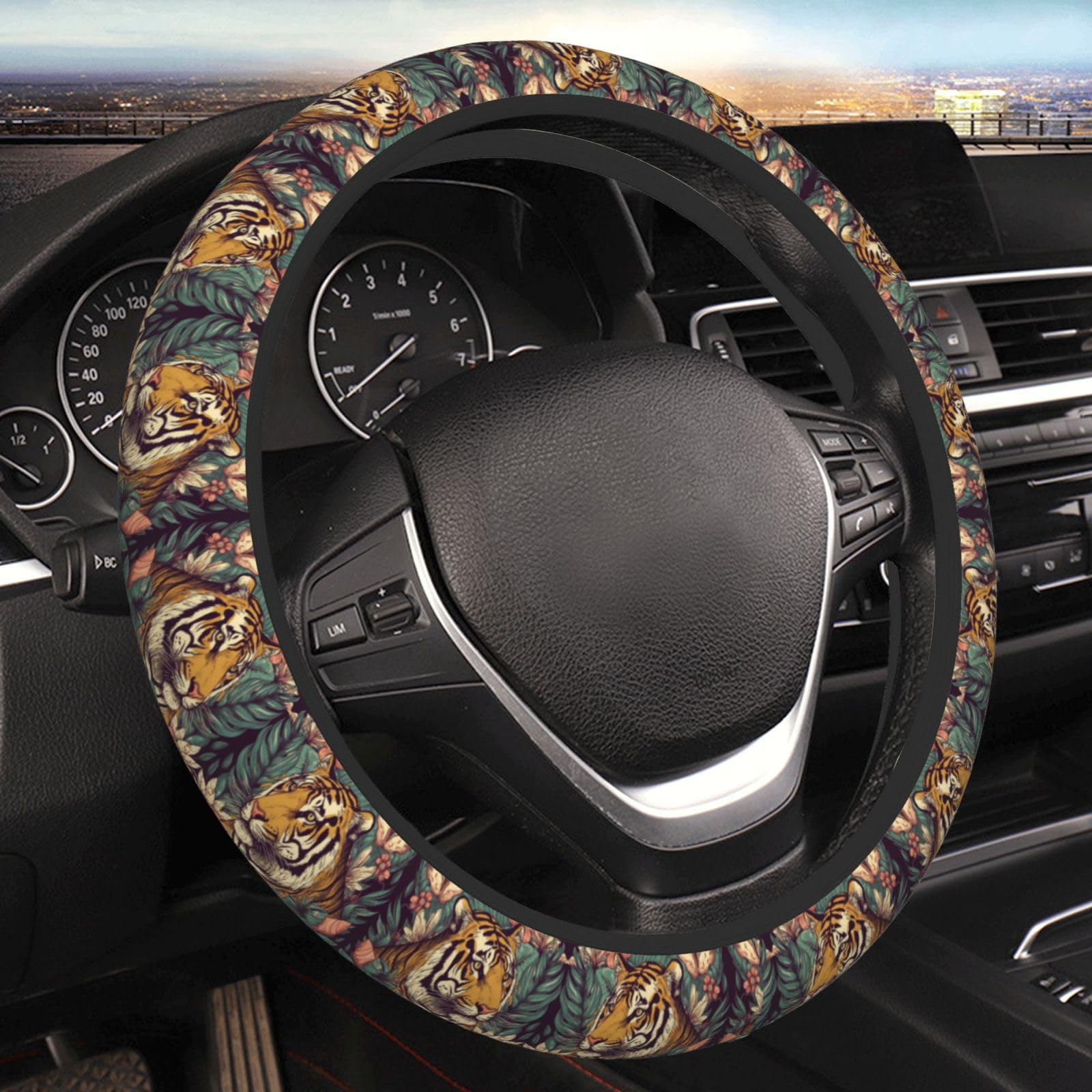 Zwarte elastische stuurhoes met luipaardprint, past op de meeste auto's