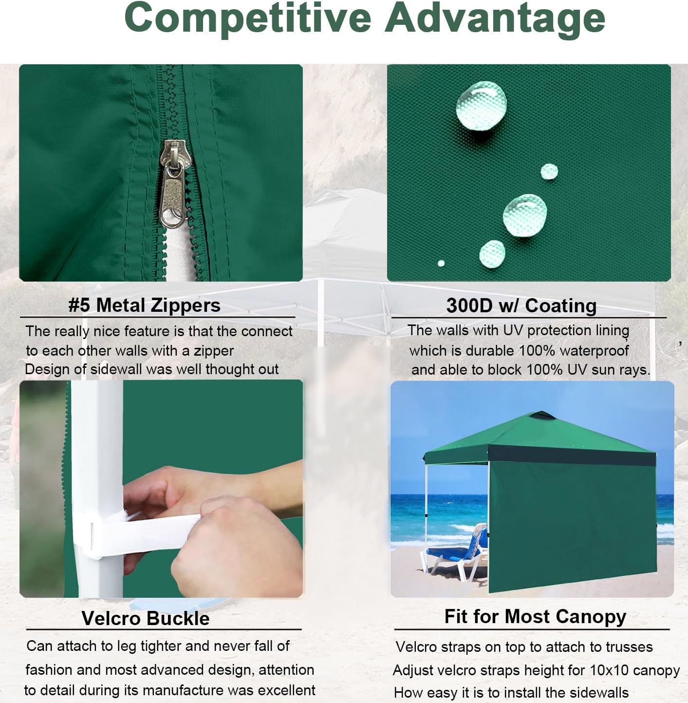 SideWalls for 10x10 Pop up Canopy Frame, 3 Pack Forest Green SunWall and 1Pack Door Only, (with Zippers)