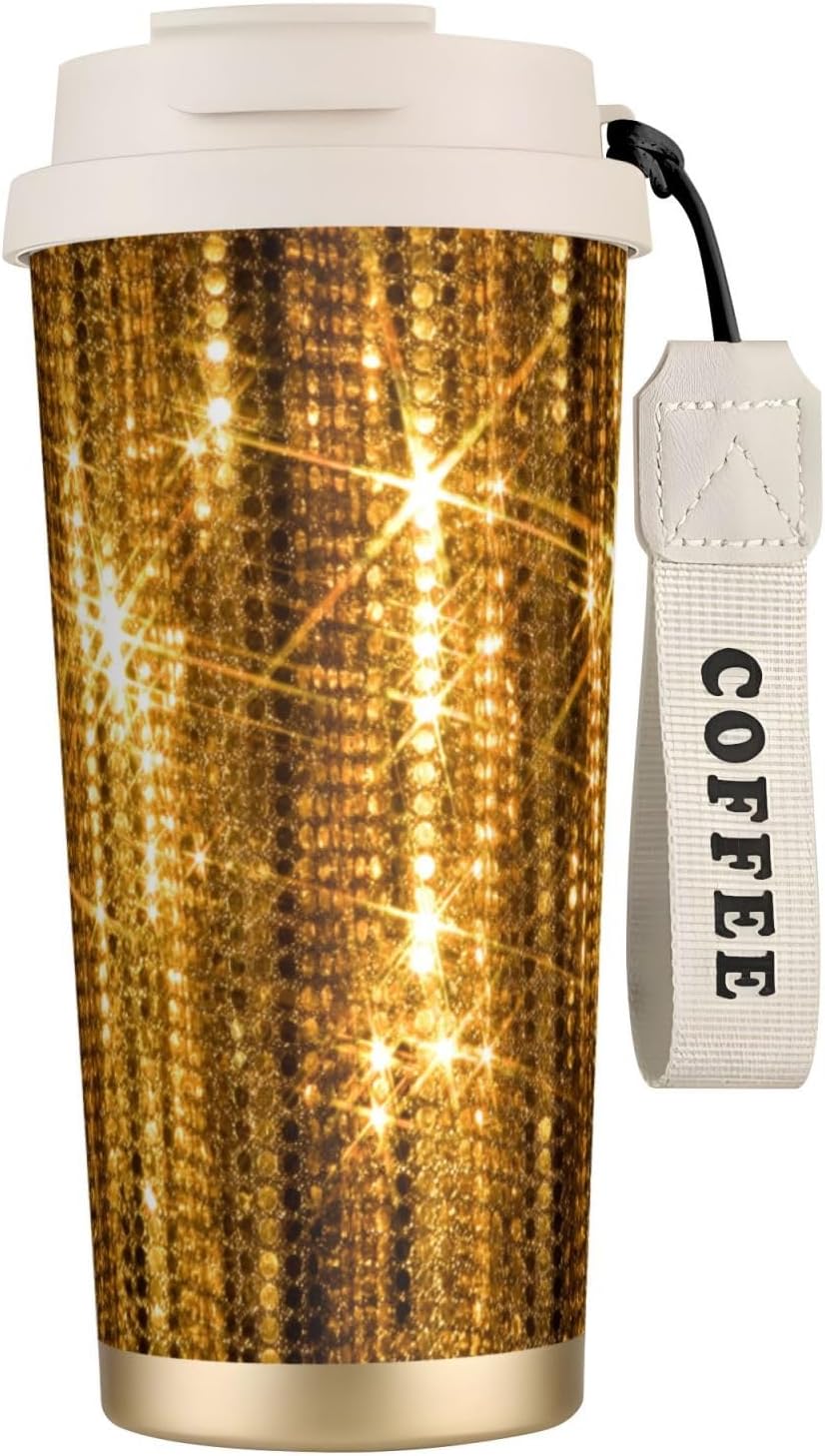 Gold Sequin Sparkle Print Leakproof Insulated Coffee Mug,Stainless Steel Dual Drink Travel Tumbler,17 OZ