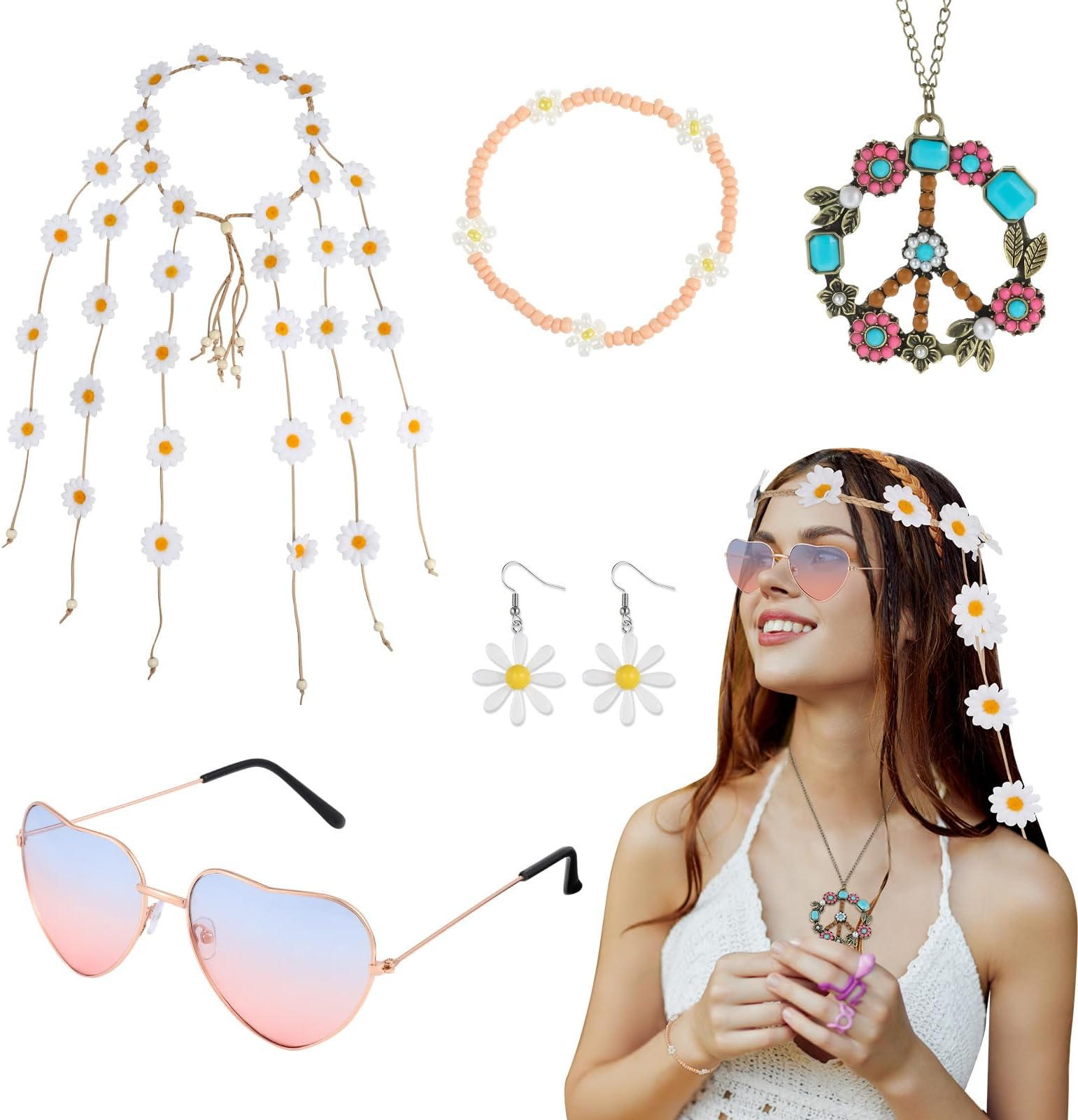 FRIUSATE Hippie Costume Accessory Set for Women, 5 Pcs 60s 70s Fancy Dress Peace Sign Necklace Daisy Flower Headband Hippie Glasses for Men Women 60s 70s Dressing Accessory Hippie Party Supplies