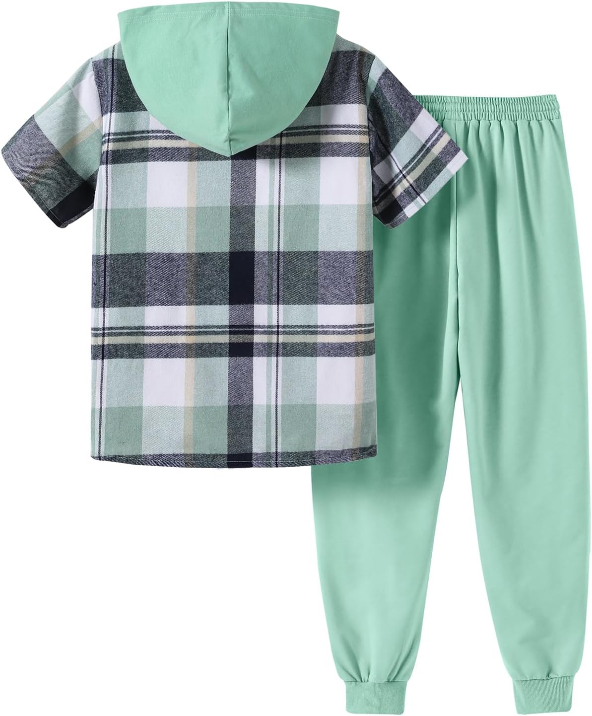 2Pcs Boys Clothes Outfits Plaid Short Sleeve Hooded Button Shirt and Jogger Pants for Kids Spring Summer Pants Set