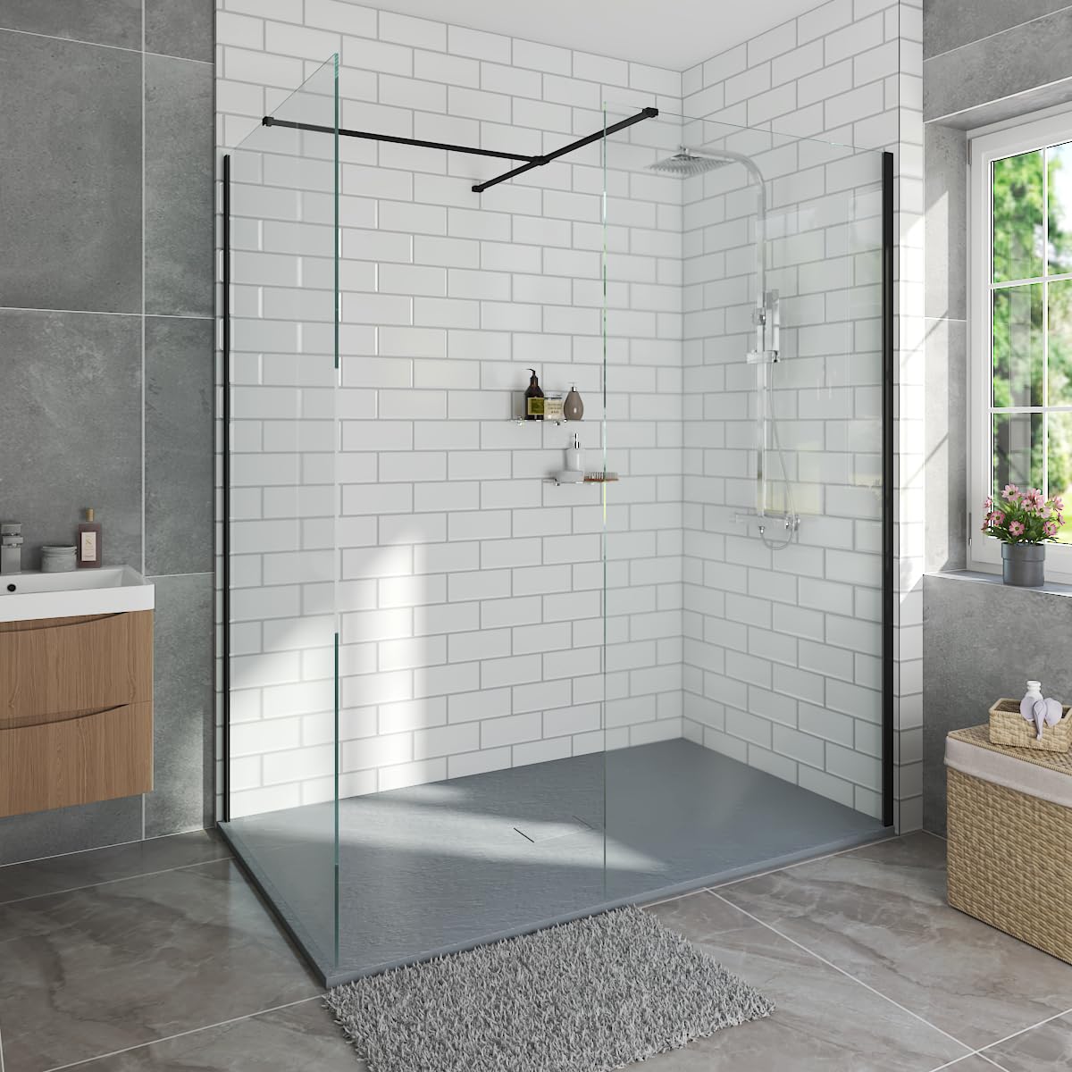 Aquariss 1400x900mm Black Walk in Shower Enclosure Wet Room 8mm Clear Easy Clean 900mm + 900mm Shower Screen, Anthracite Tray and Waste