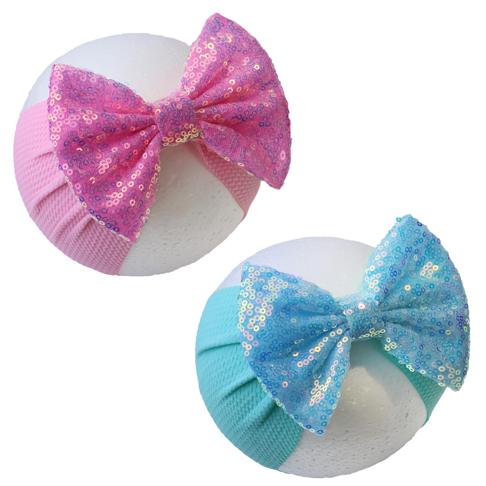 HELYKAKA 7 Inch Sequin Bow Baby Headbands Pink Large Bows for Baby Girls Headbands Soft Stretchy Newborn Baby Hair Bows Toddlers 0-6 Months