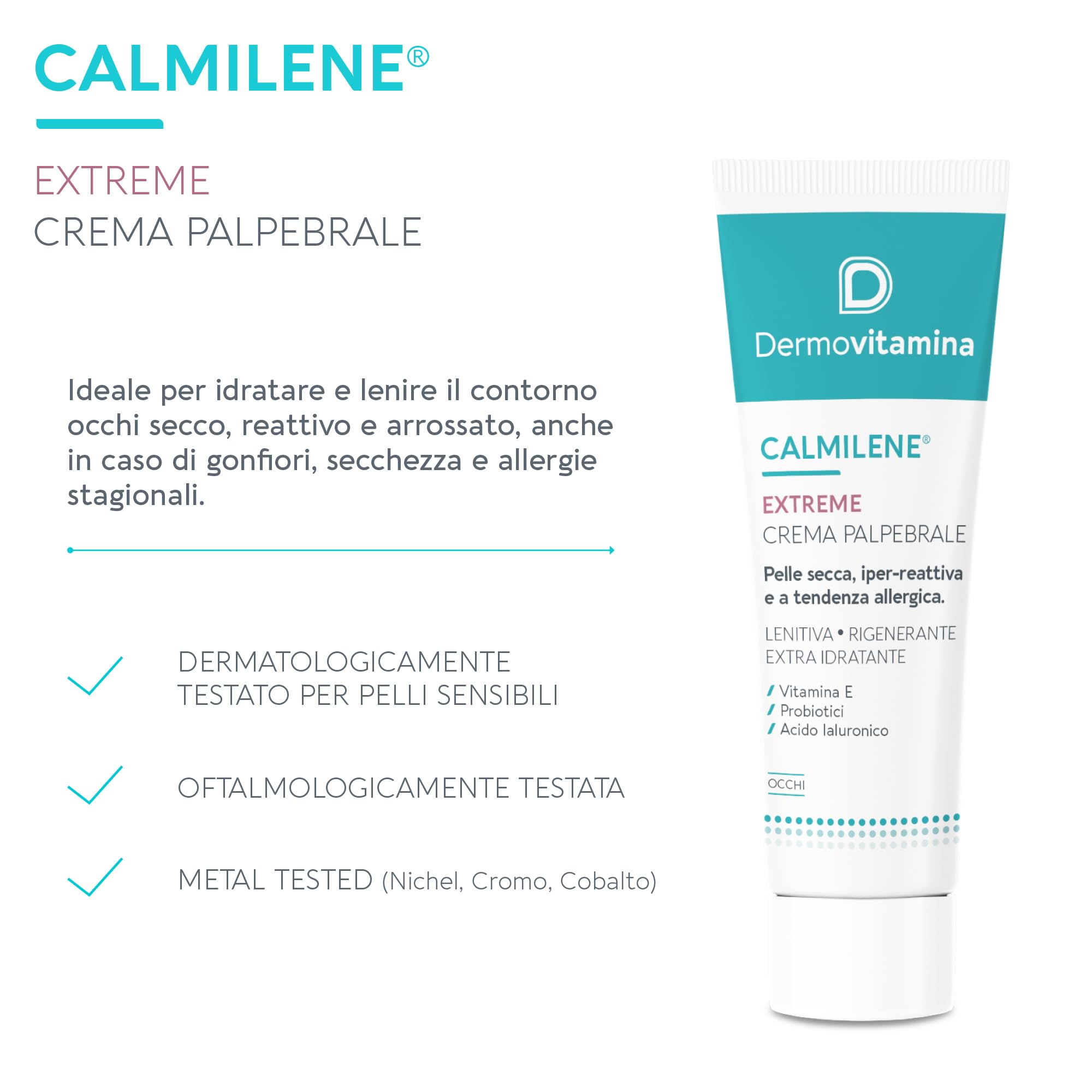Dermovitamina Calmilene Extreme Crema Palpebrale - Contorno Occhi Pelle Secca e Reattiva - Crema Contorno Occhi Idratante - Con Vitamina E, Probiotici e Acido Ialuronico - Rapido Assorbimento - 15ml